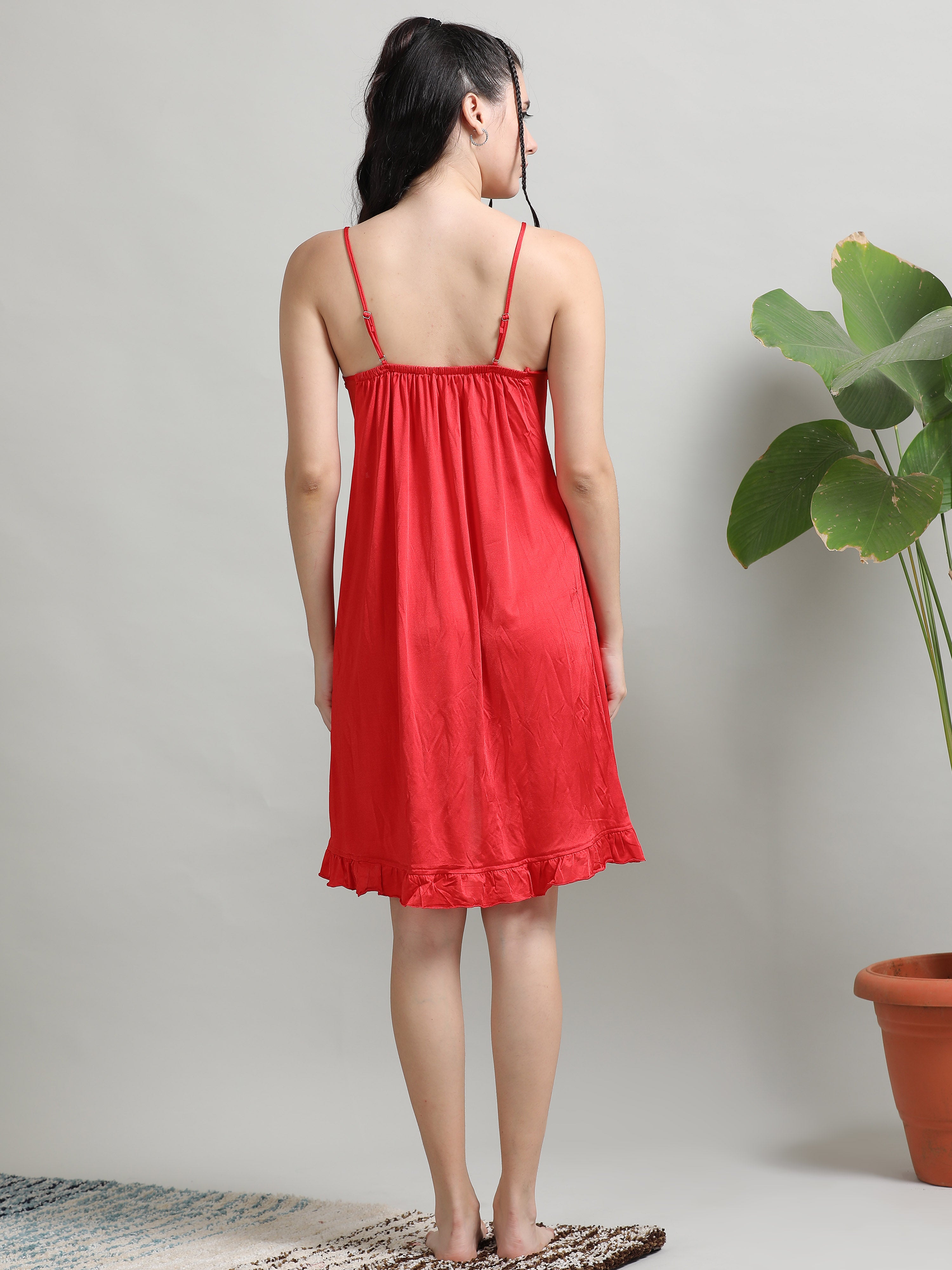 Soft Silky Satin Womens Red Babydoll Dress 