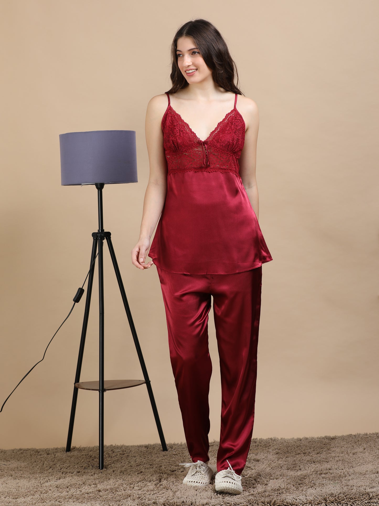 Maroon Italian Satin Cord Set 2100 – Women's Lace Top & Bottom