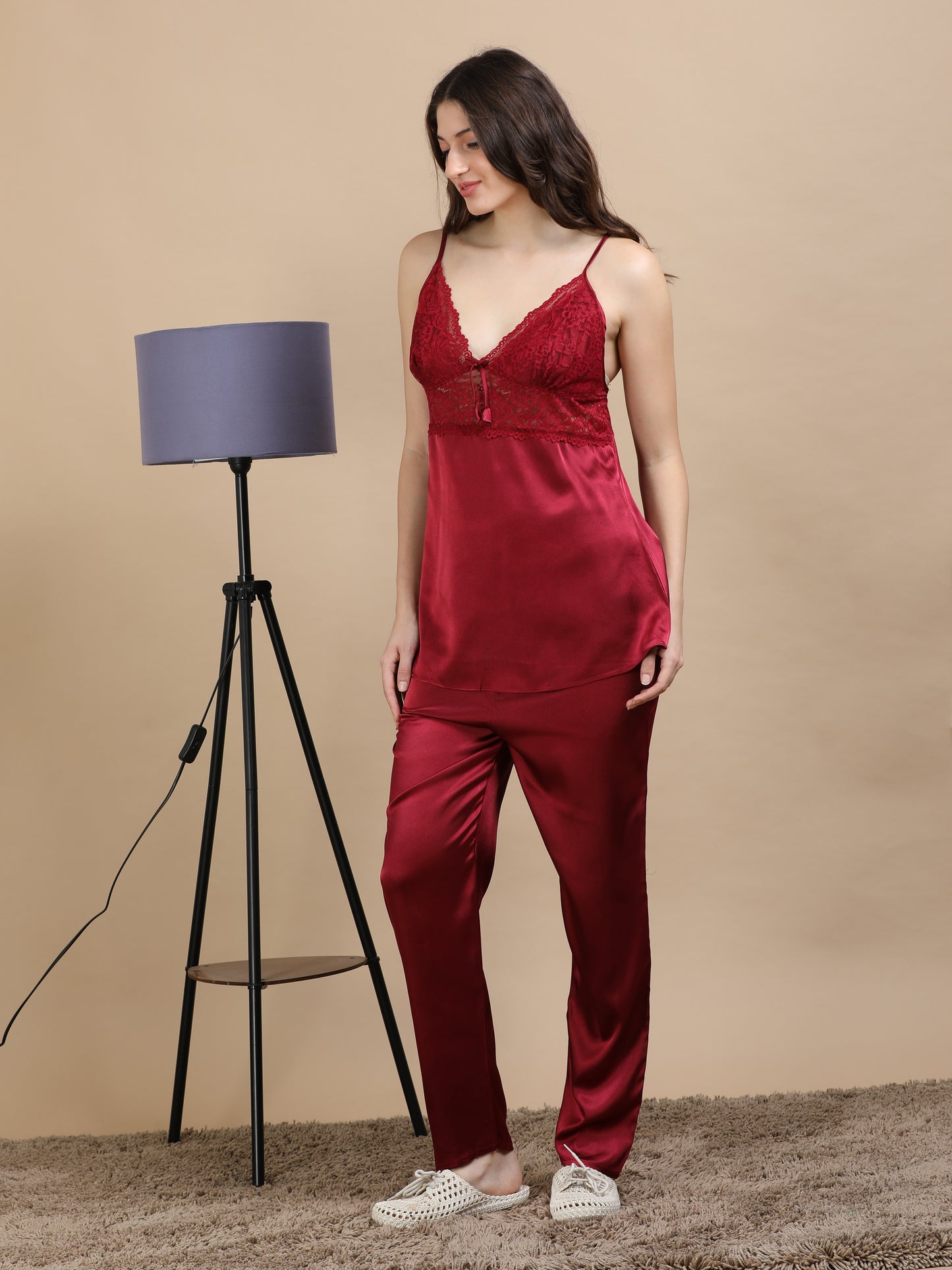 Maroon Italian Satin Cord Set 2100 – Women's Lace Top & Bottom