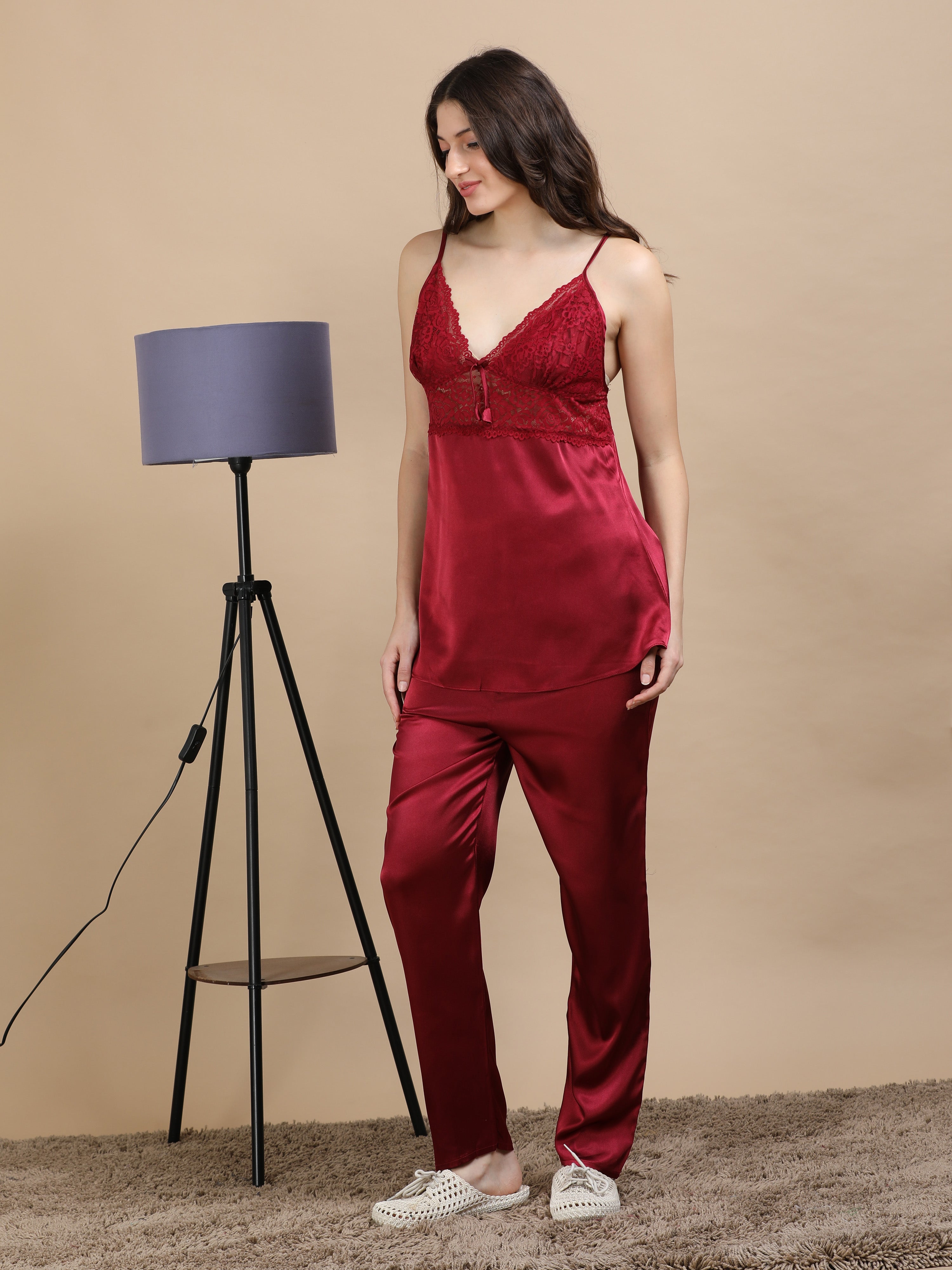 Maroon Italian Satin Cord Set 2100 – Women's Lace Top & Bottom