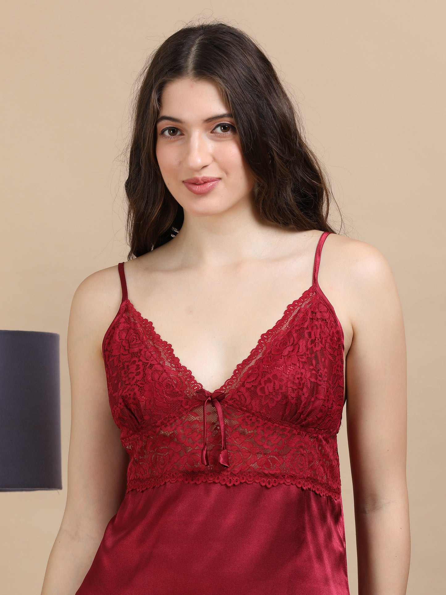 Maroon Italian Satin Cord Set 2100 – Women's Lace Top & Bottom