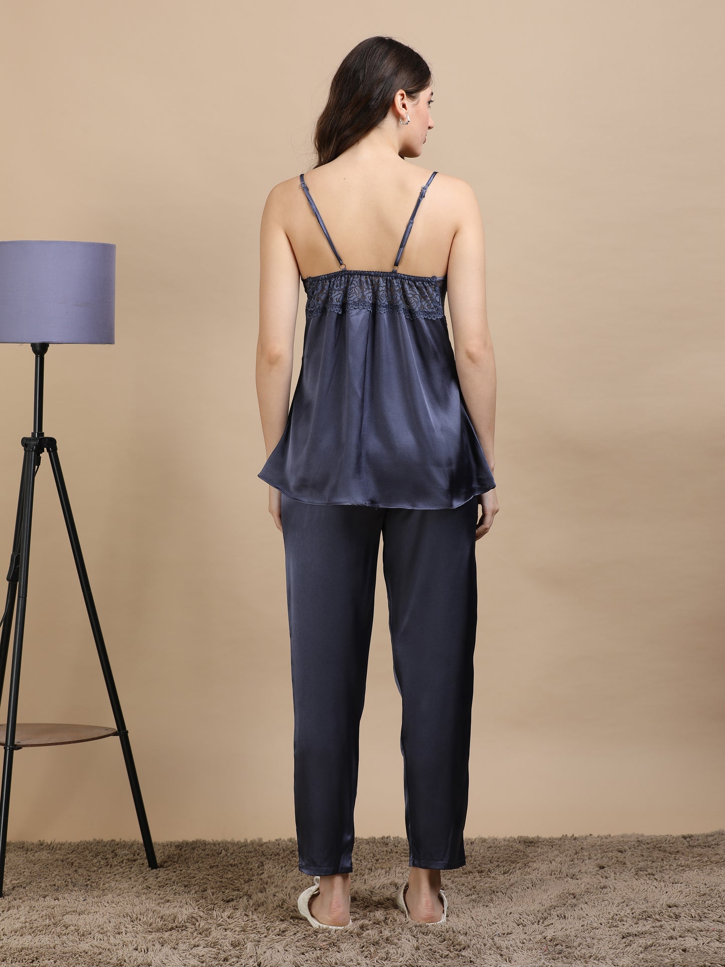 Navy Italian Satin Cord Set 2100 – Women's Lace Top & Bottom