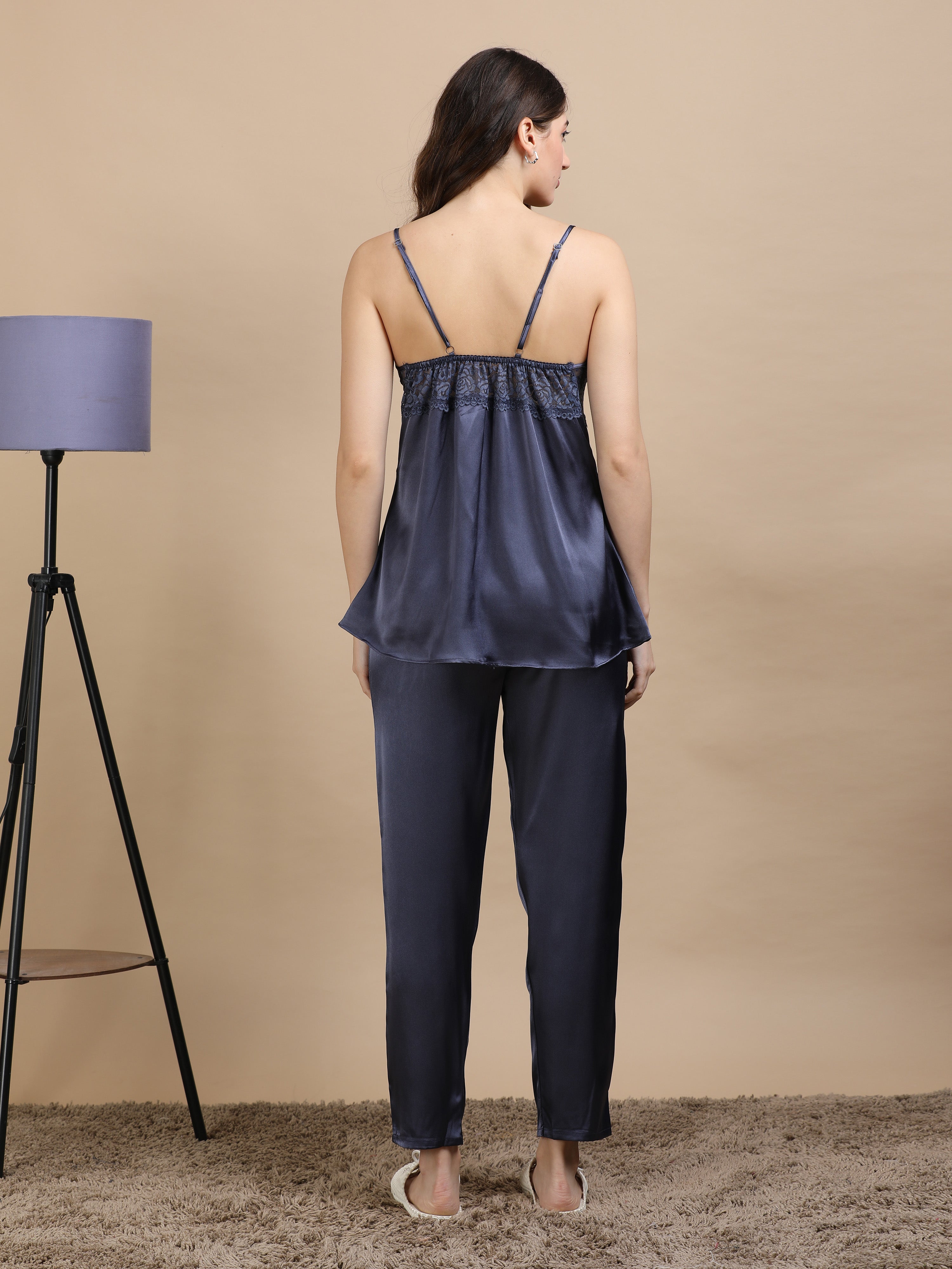 Navy Italian Satin Cord Set 2100 – Women's Lace Top & Bottom