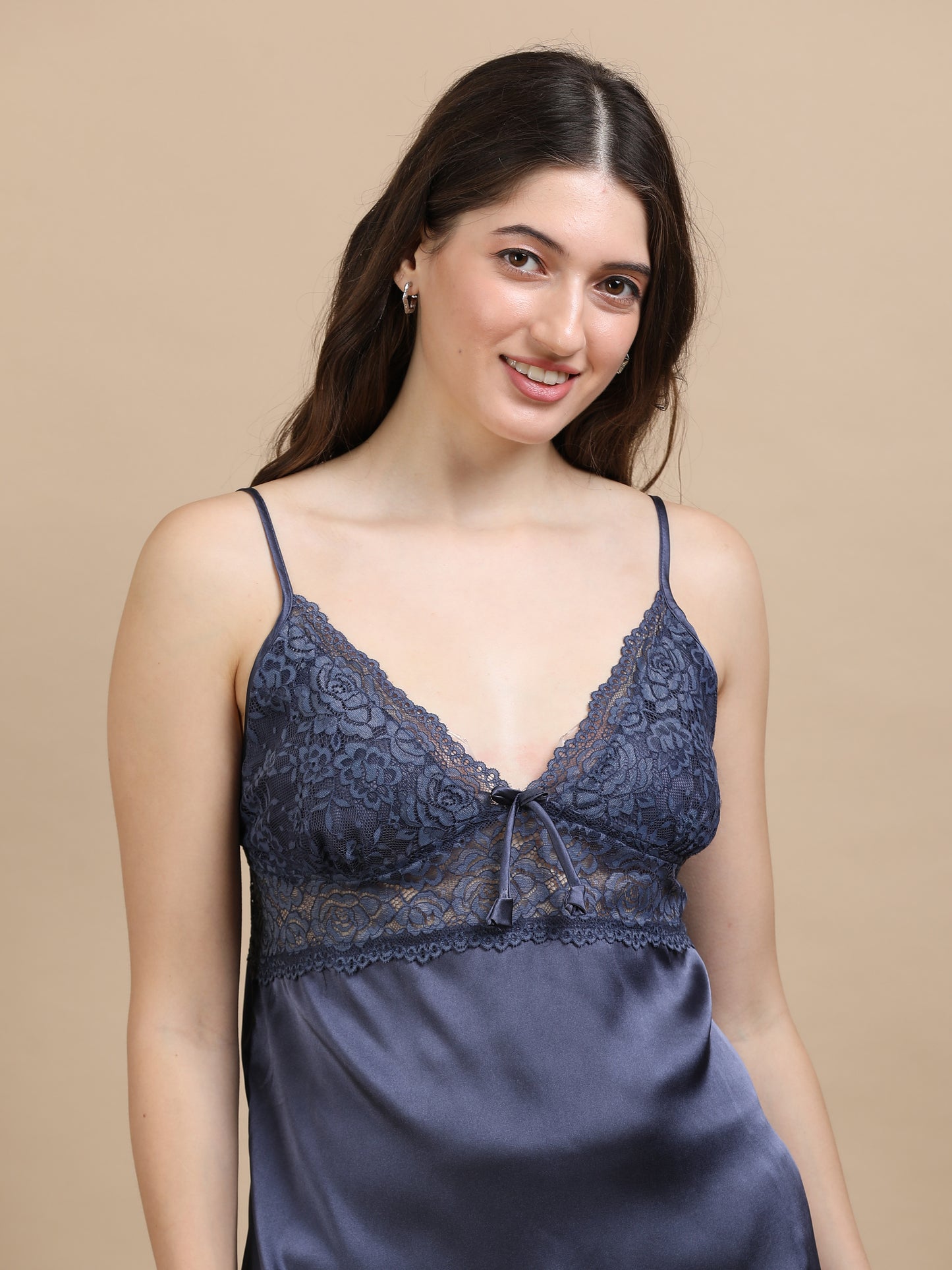 Navy Italian Satin Cord Set 2100 – Women's Lace Top & Bottom