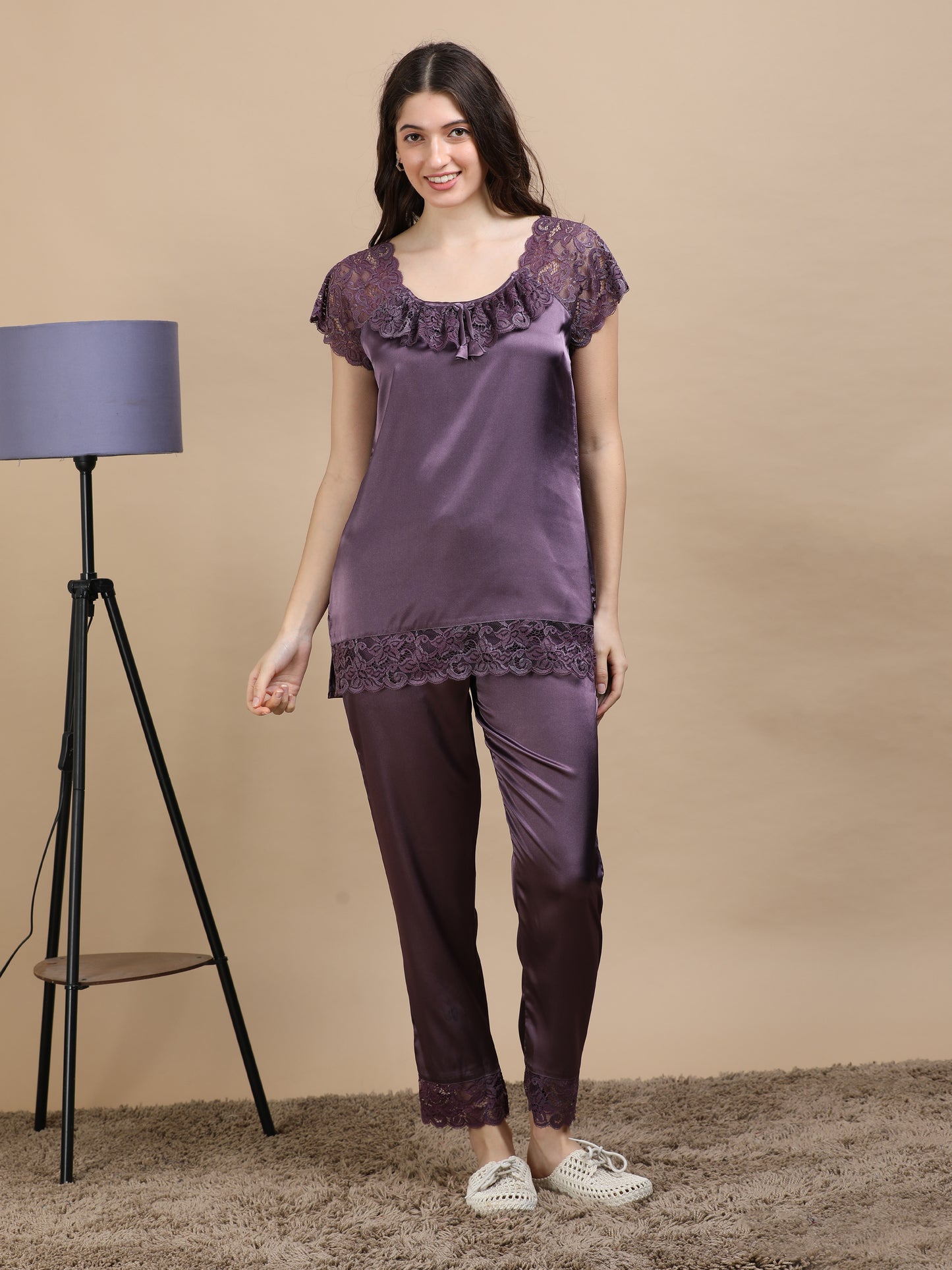 Purple Italian Satin Cord Set 2000 – Women's Short Sleeve Lace Top & Bottom