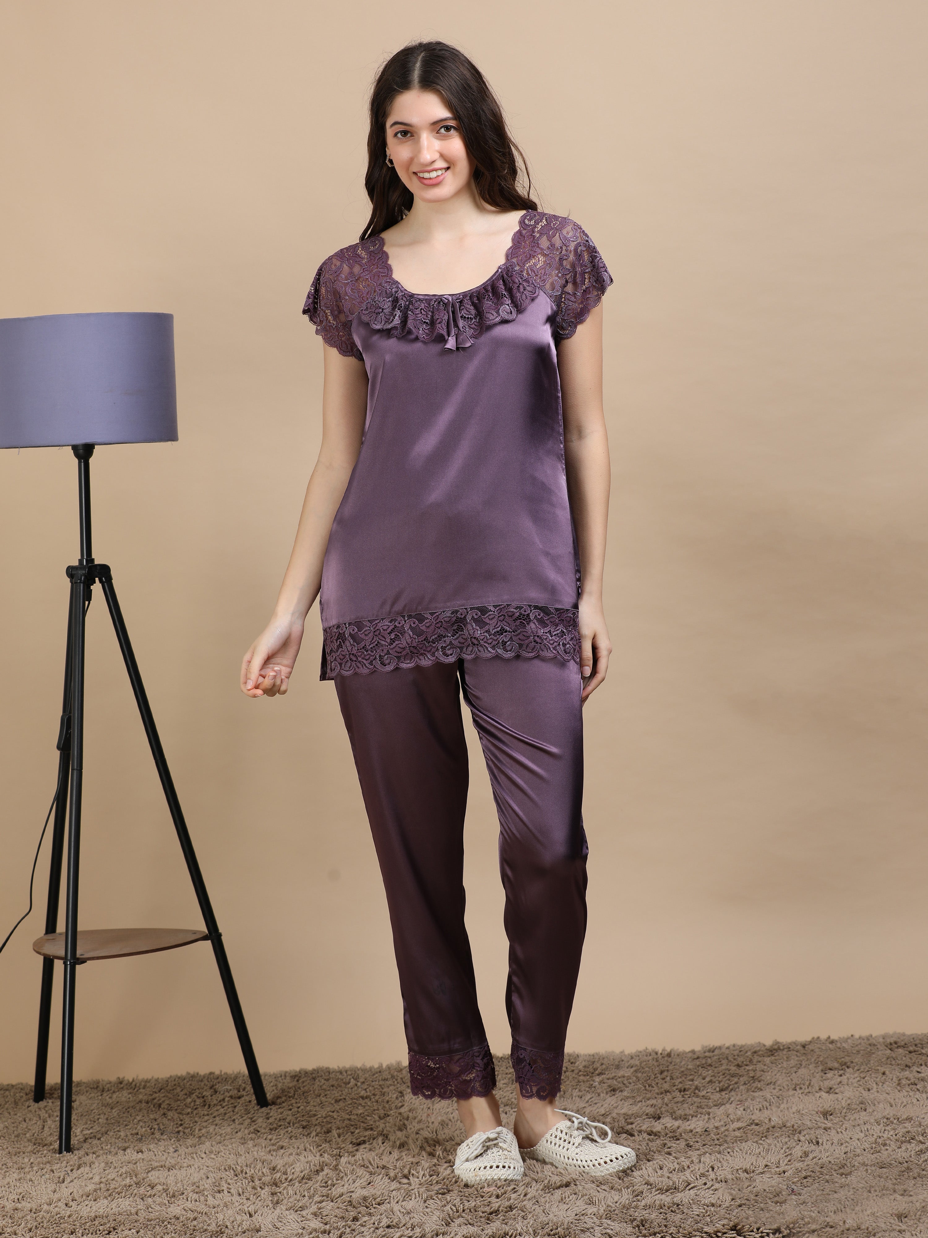 Purple Italian Satin Cord Set 2000 – Women's Short Sleeve Lace Top & Bottom