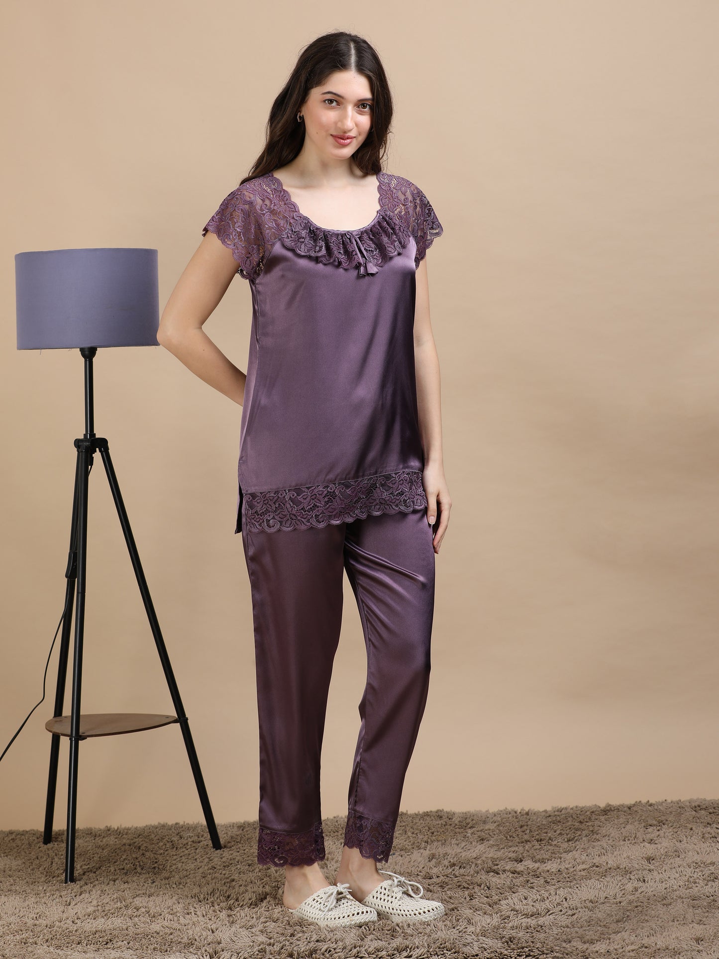 Purple Italian Satin Cord Set 2000 – Women's Short Sleeve Lace Top & Bottom