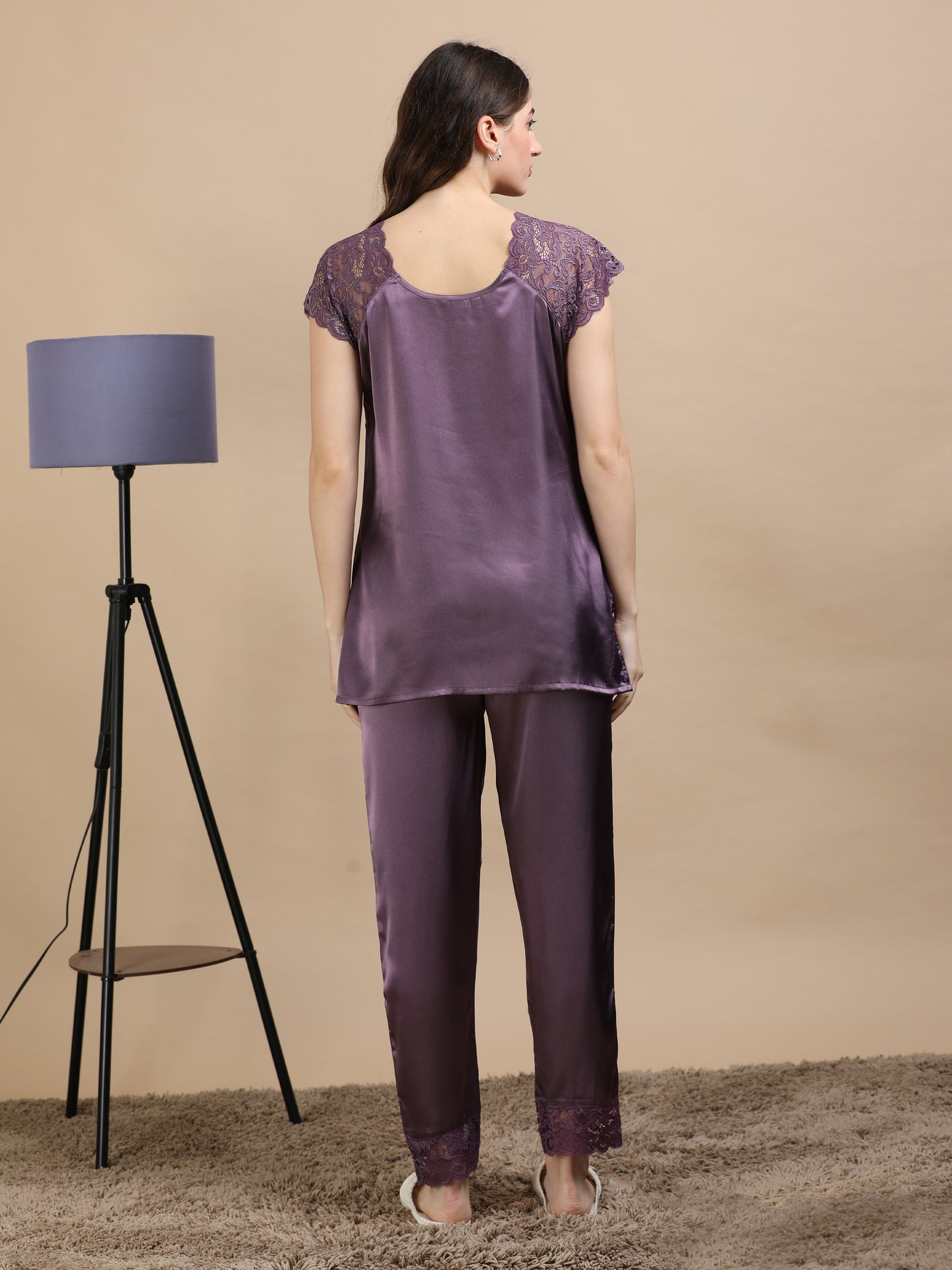 Purple Italian Satin Cord Set 2000 – Women's Short Sleeve Lace Top & Bottom