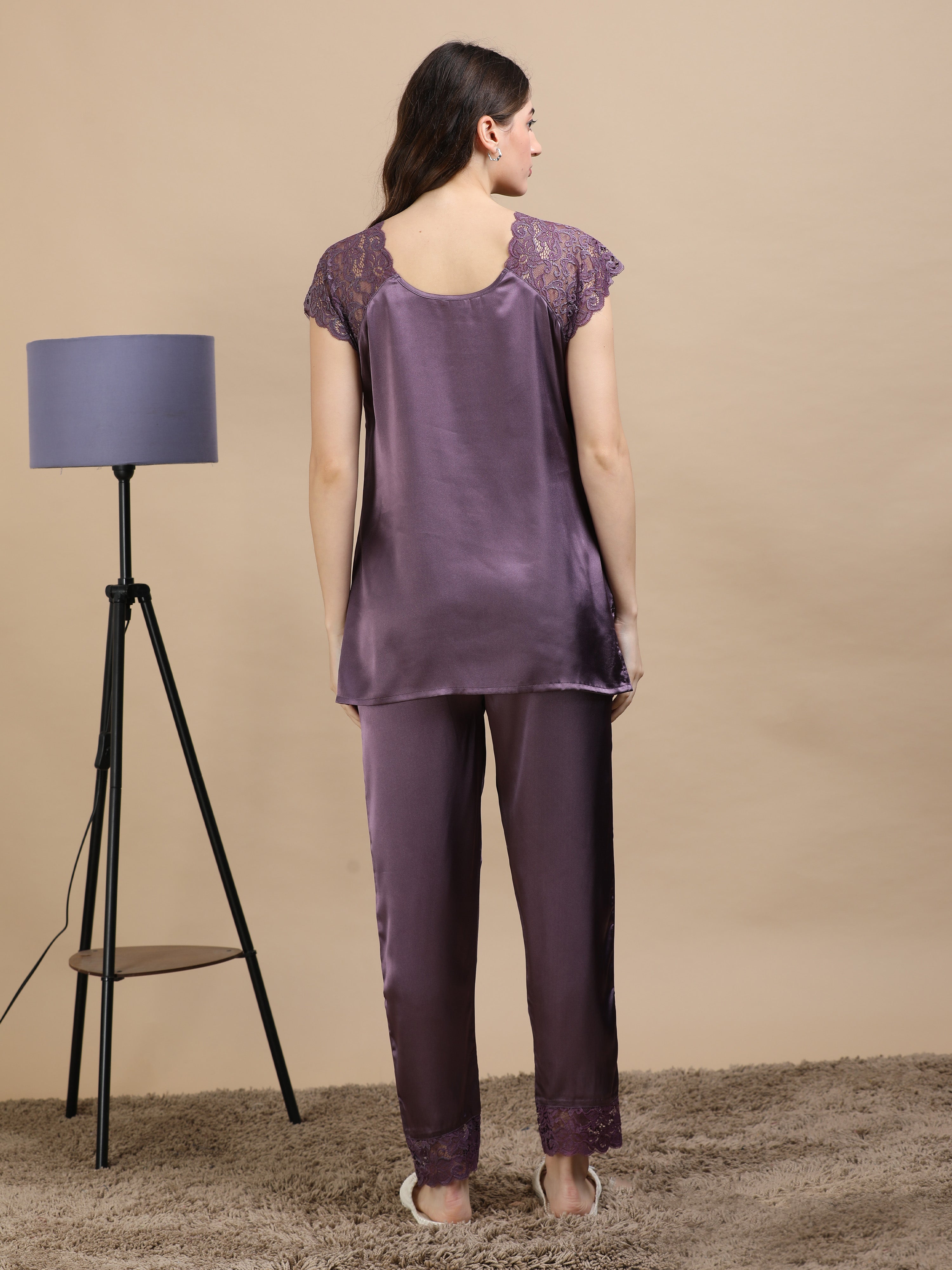 Purple Italian Satin Cord Set 2000 – Women's Short Sleeve Lace Top & Bottom