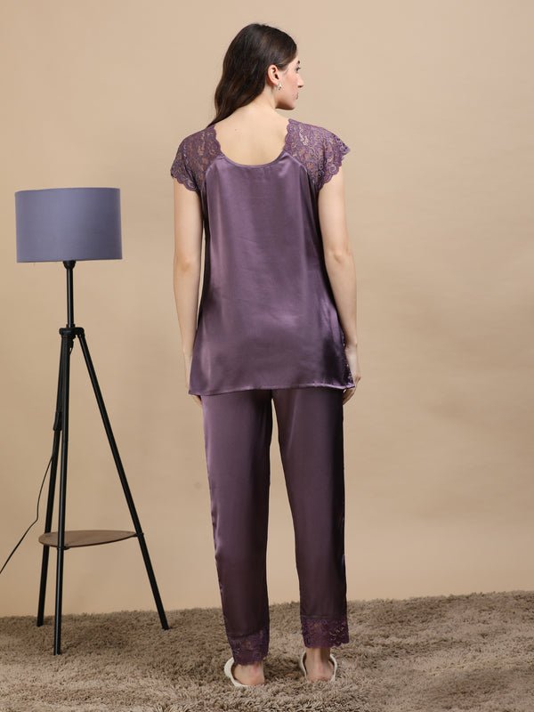 Purple Italian Satin Cord Set 2000 – Women's Short Sleeve Lace Top & Bottom