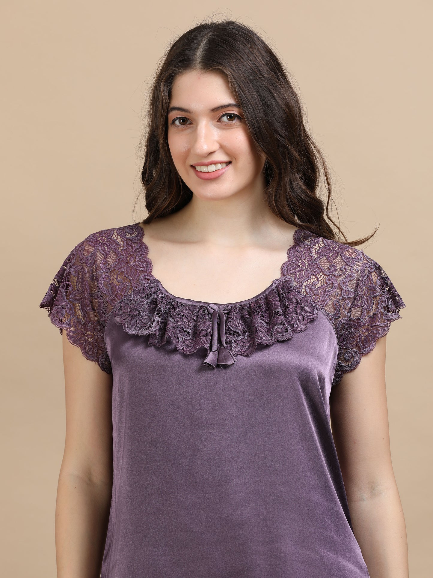 Purple Italian Satin Cord Set 2000 – Women's Short Sleeve Lace Top & Bottom