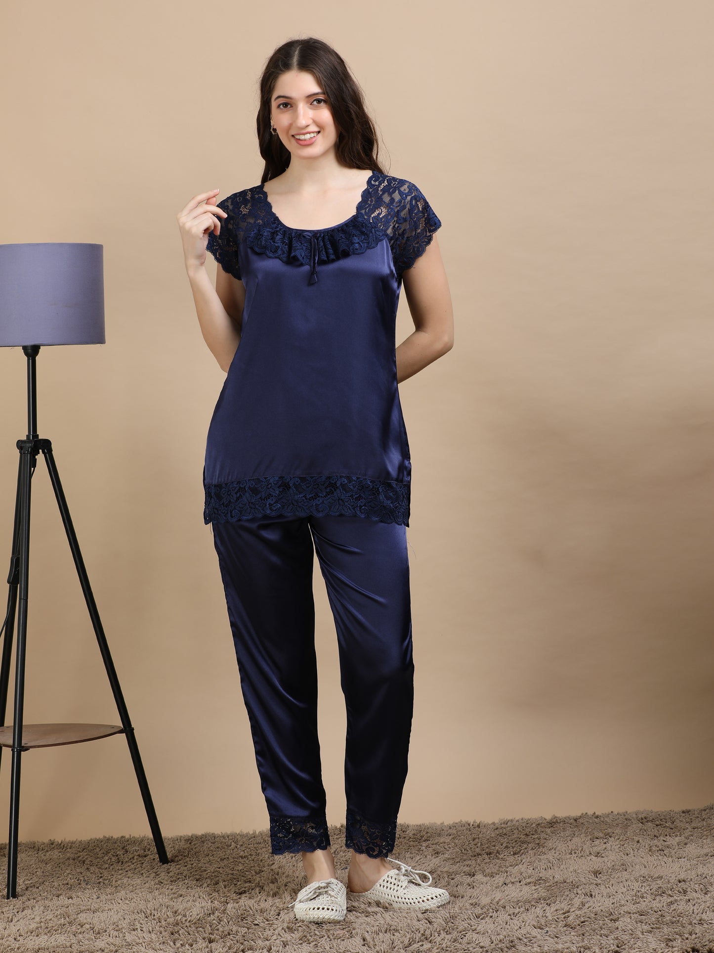Navy Italian Satin Cord Set 2000 – Women's Short Sleeve Lace Top & Bottom