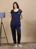 Navy Italian Satin Cord Set 2000 – Women's Short Sleeve Lace Top & Bottom