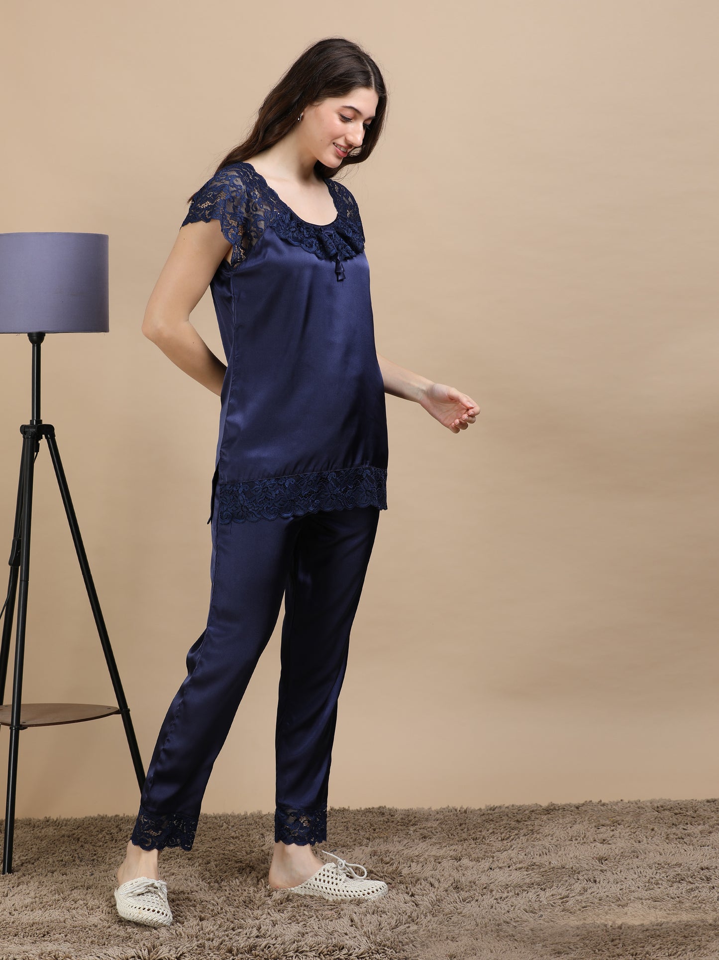 Navy Italian Satin Cord Set 2000 – Women's Short Sleeve Lace Top & Bottom