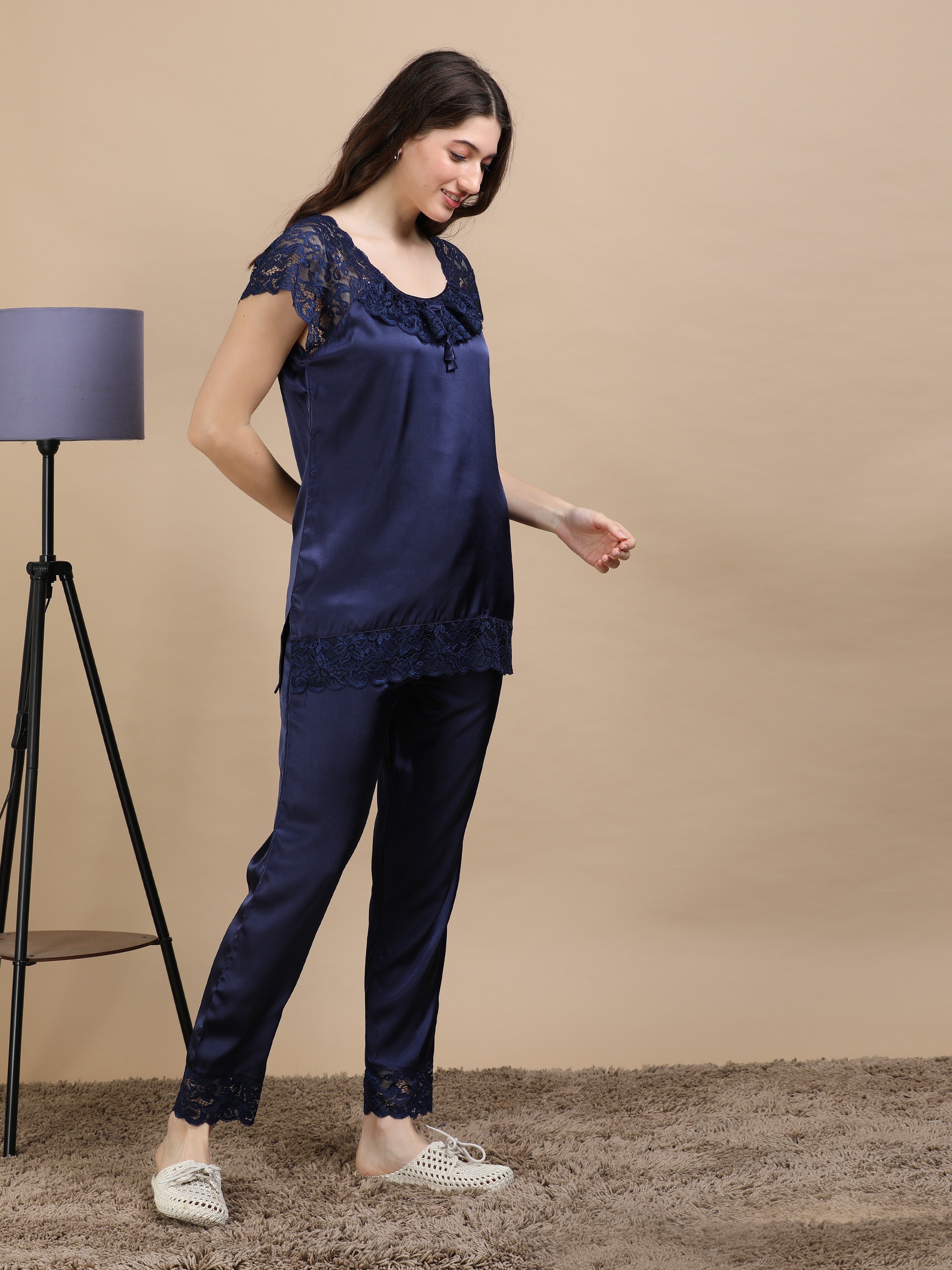 Navy Italian Satin Cord Set 2000 – Women's Short Sleeve Lace Top & Bottom