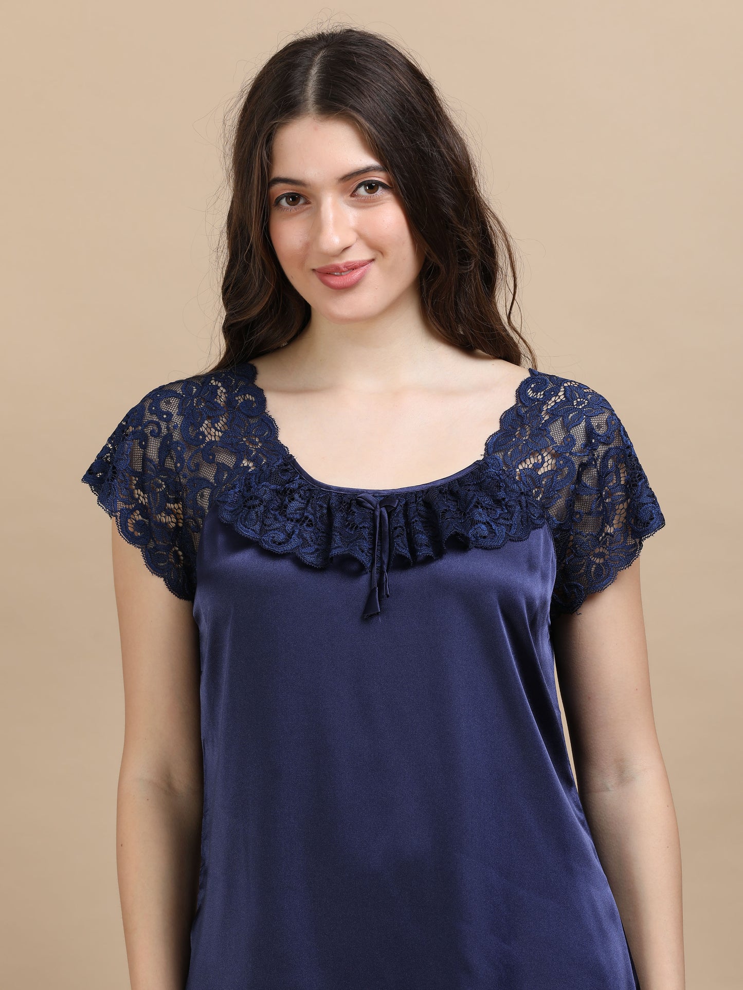 Navy Italian Satin Cord Set 2000 – Women's Short Sleeve Lace Top & Bottom