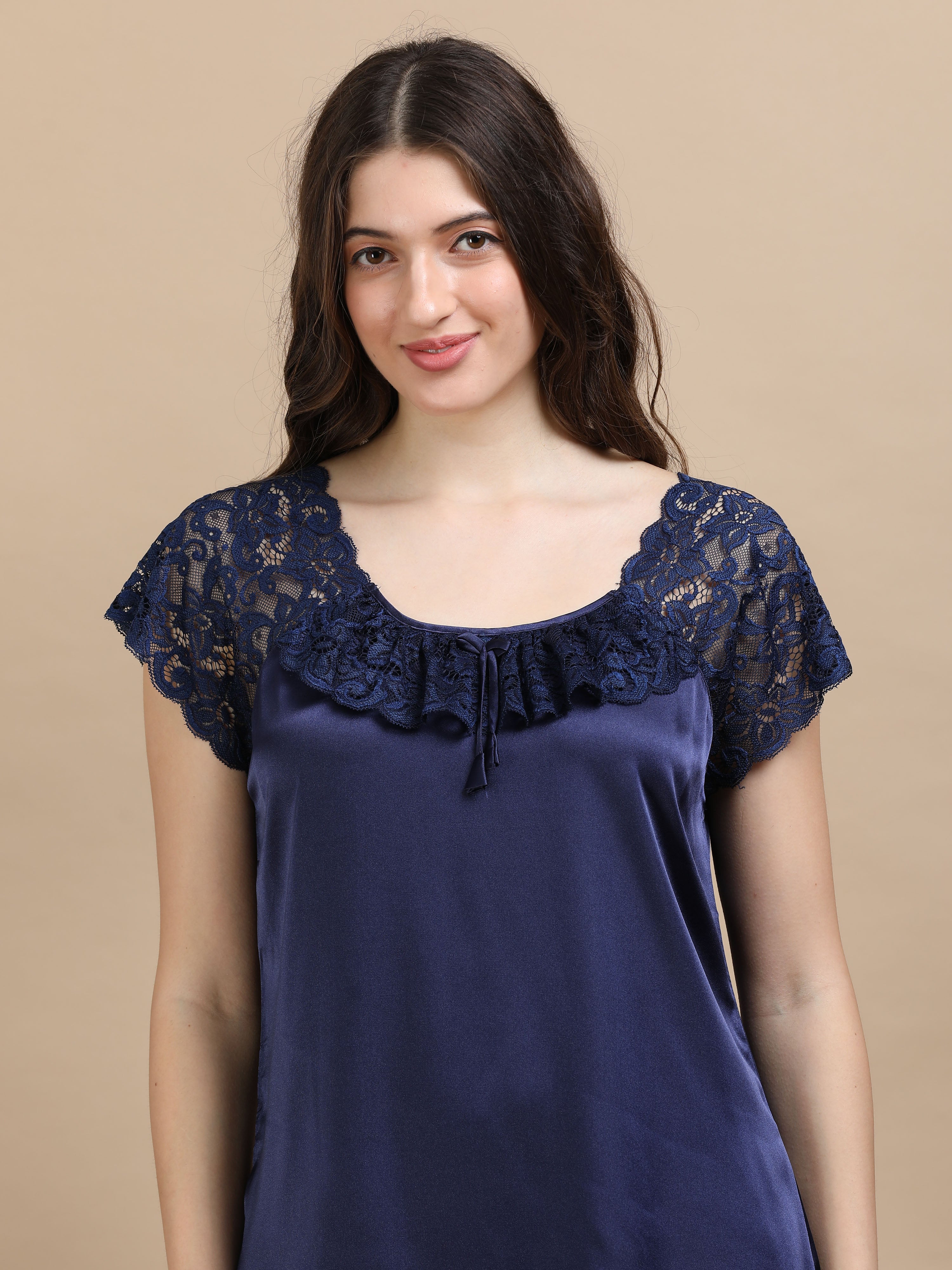 Navy Italian Satin Cord Set 2000 – Women's Short Sleeve Lace Top & Bottom