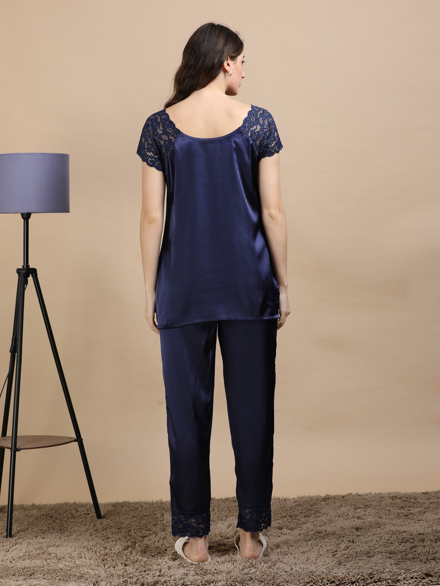 Navy Italian Satin Cord Set 2000 – Women's Short Sleeve Lace Top & Bottom
