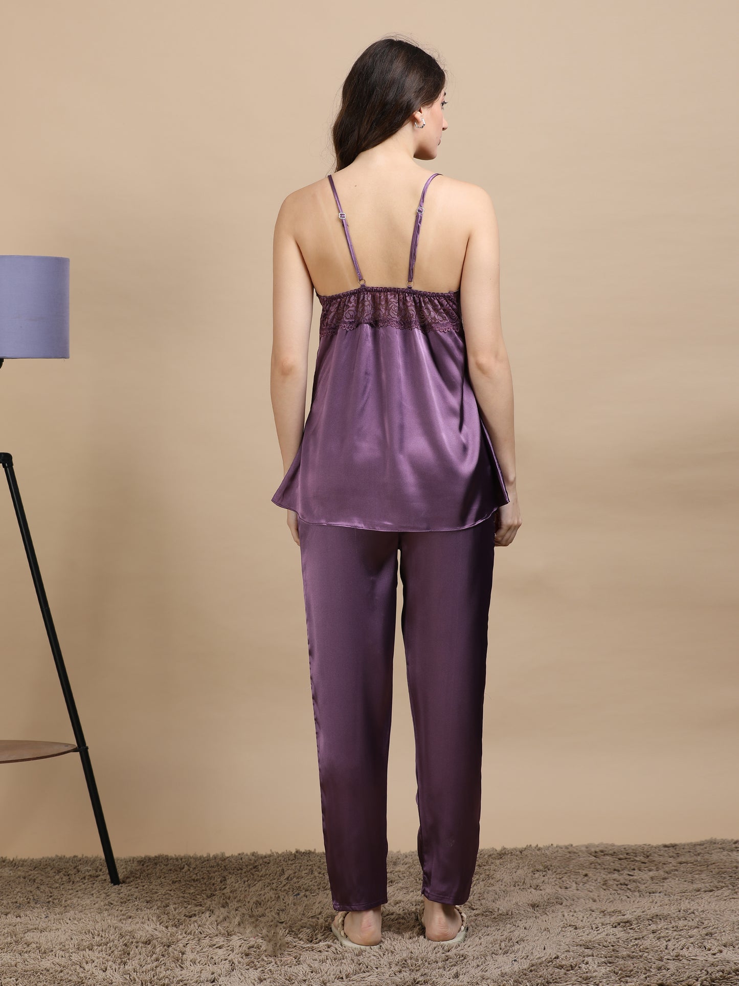 Purple Italian Satin Cord Set 2100 – Women's Lace Strap Top & Bottom