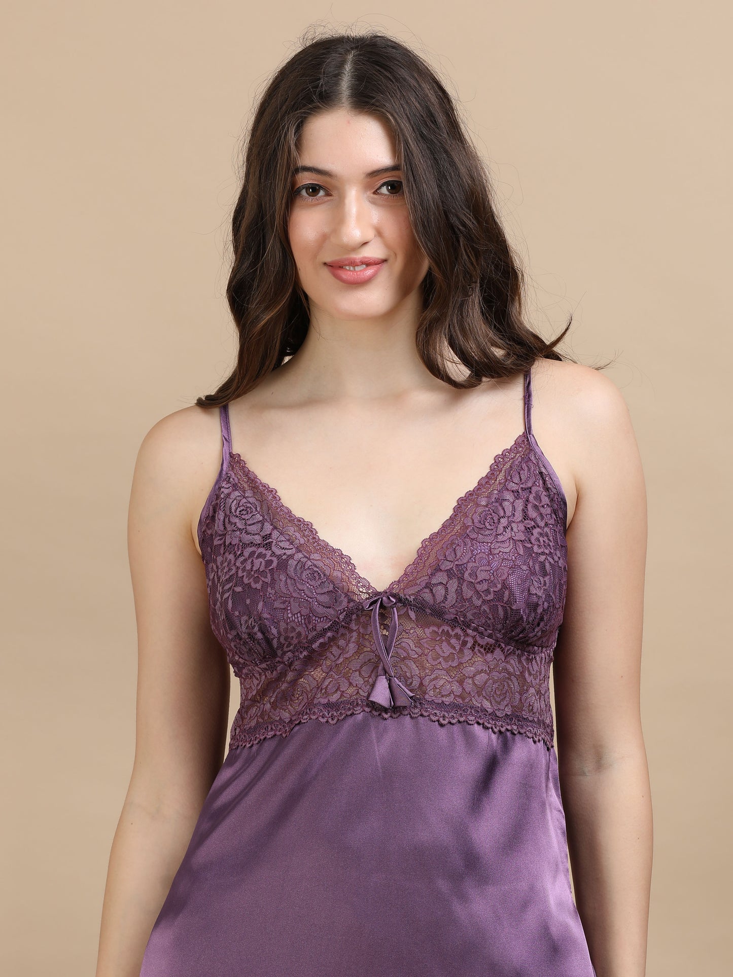 Purple Italian Satin Cord Set 2100 – Women's Lace Strap Top & Bottom