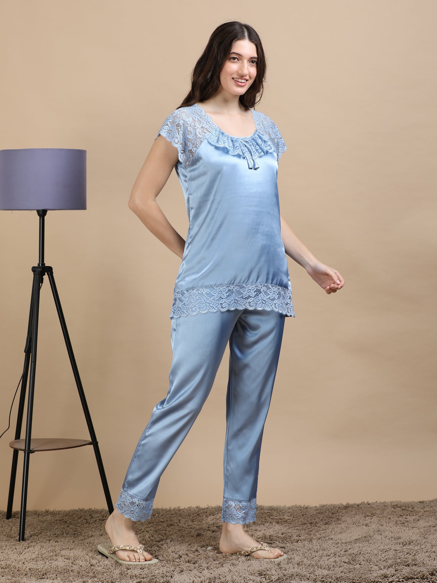Sky Blue Italian Satin Cord Set 2000 – Women's Short Sleeve Lace Top & Bottom