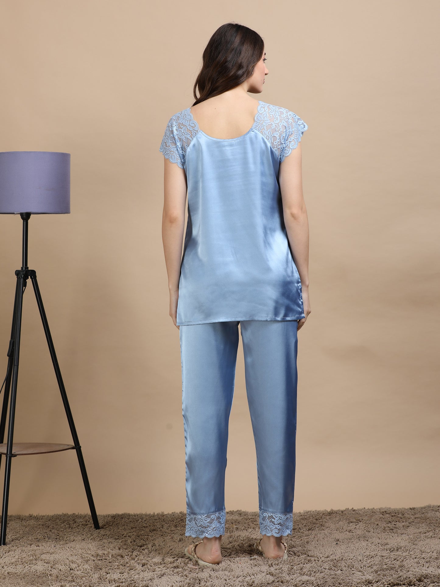 Sky Blue Italian Satin Cord Set 2000 – Women's Short Sleeve Lace Top & Bottom