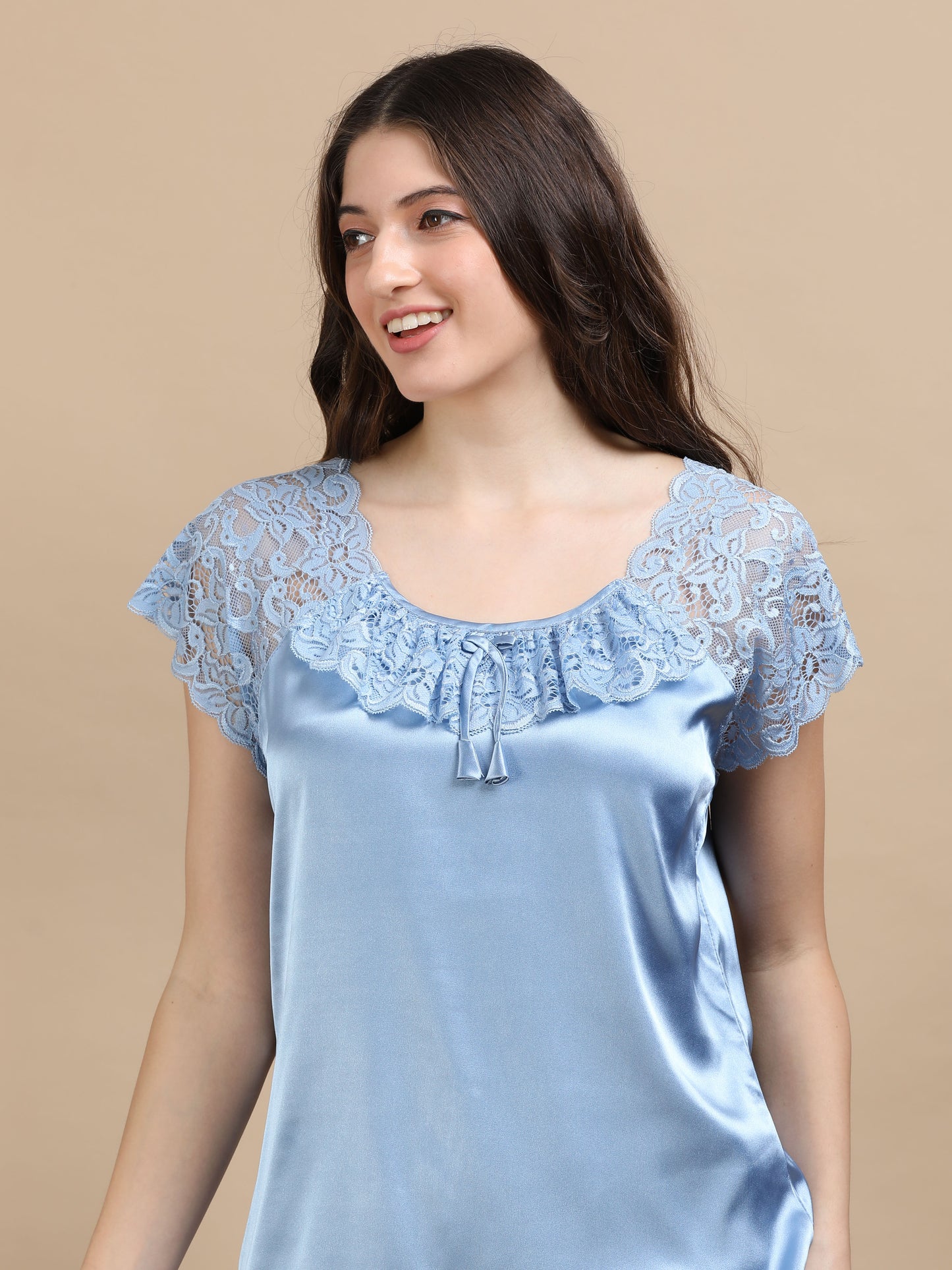 Sky Blue Italian Satin Cord Set 2000 – Women's Short Sleeve Lace Top & Bottom