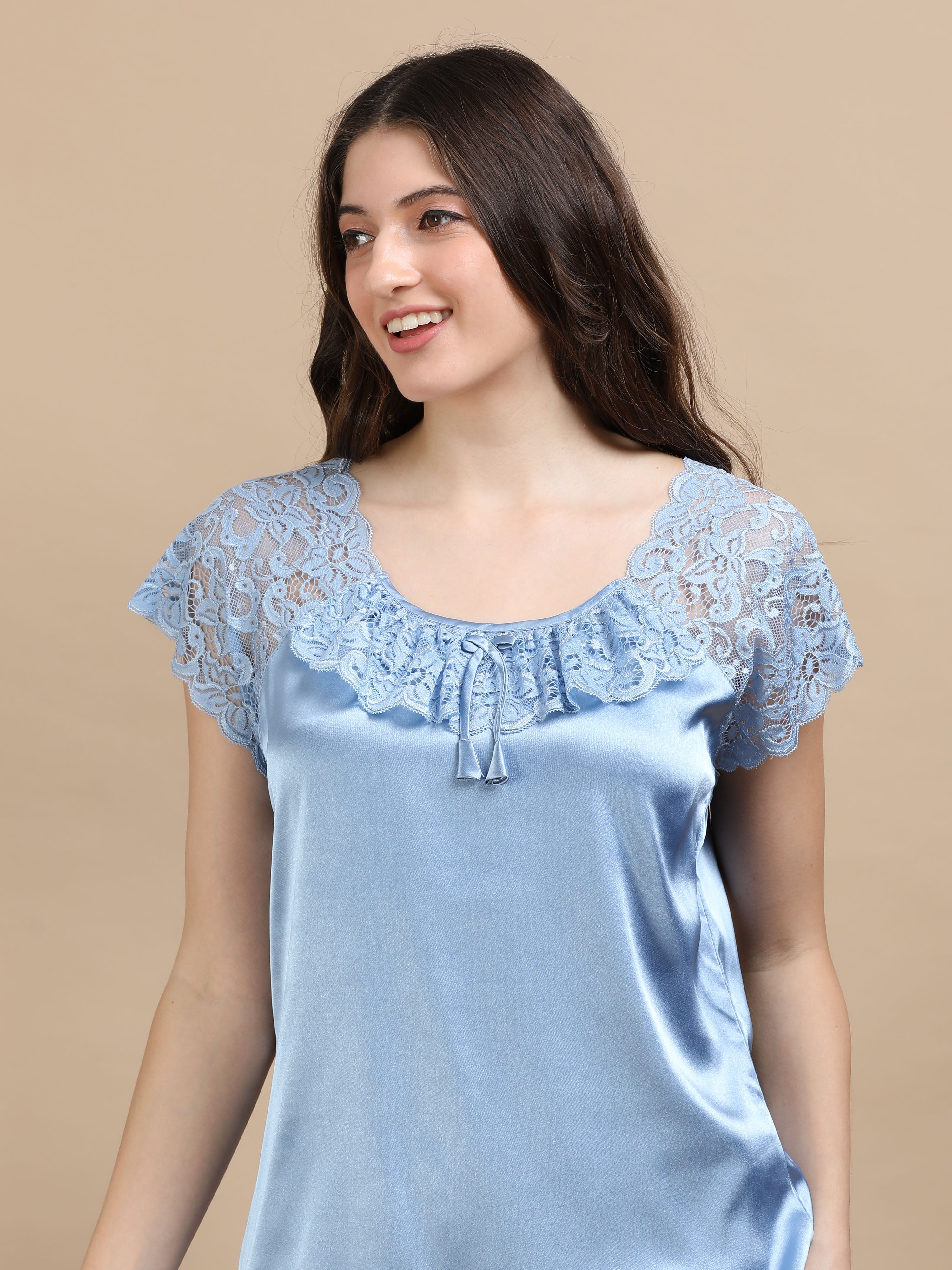 Sky Blue Italian Satin Cord Set 2000 – Women's Short Sleeve Lace Top & Bottom