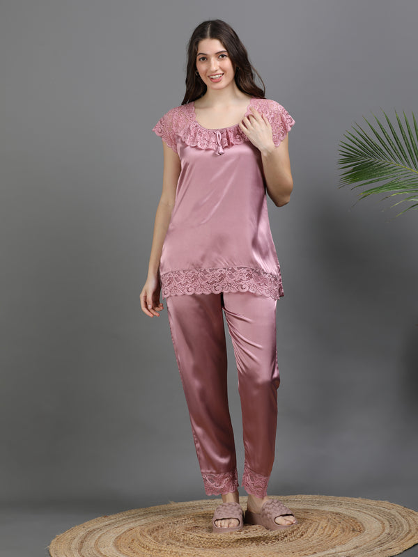 Rose Italian Satin Cord Set 2000 – Women's Short Sleeve Lace Top & Bottom