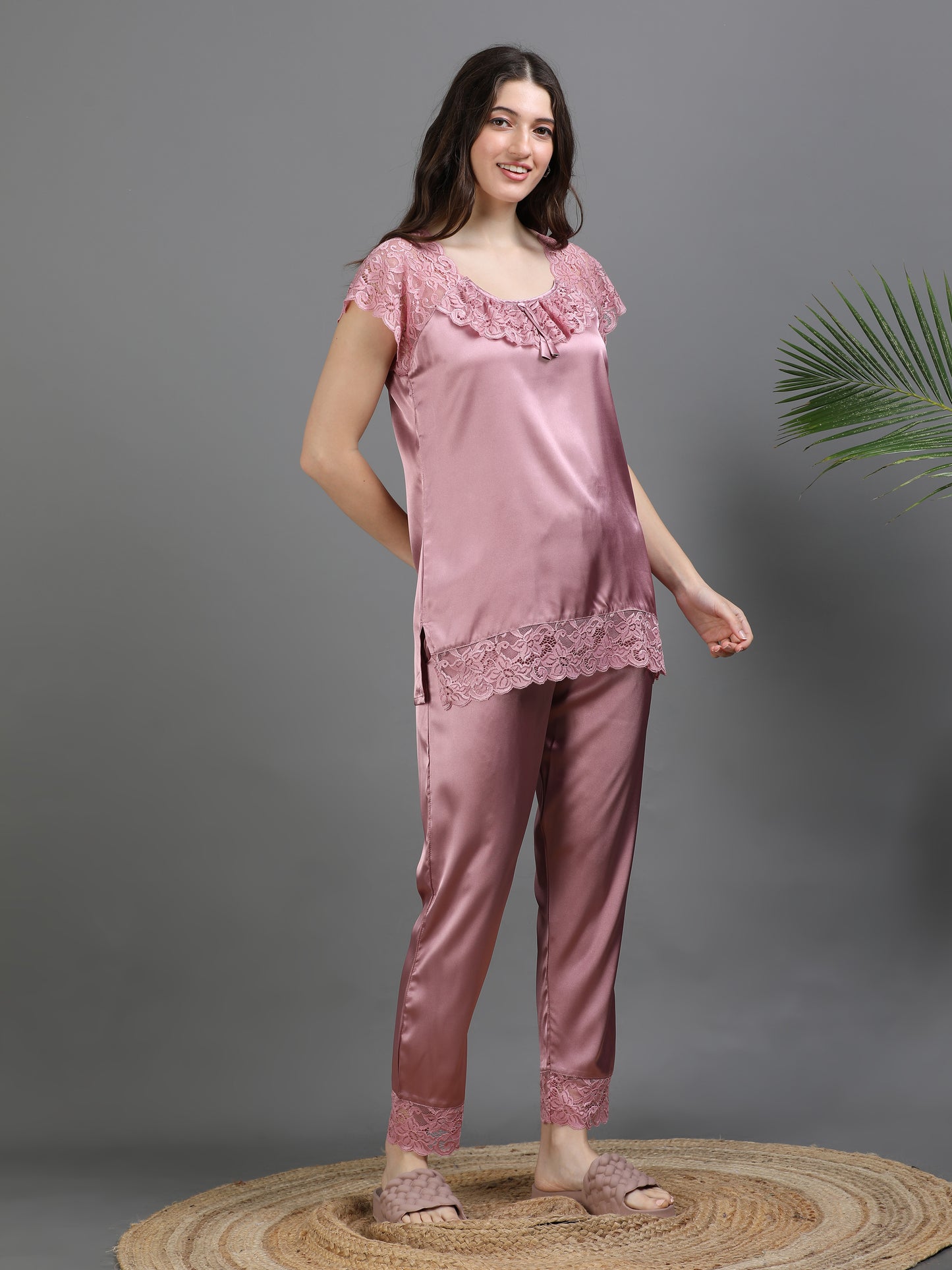 Rose Italian Satin Cord Set 2000 – Women's Short Sleeve Lace Top & Bottom
