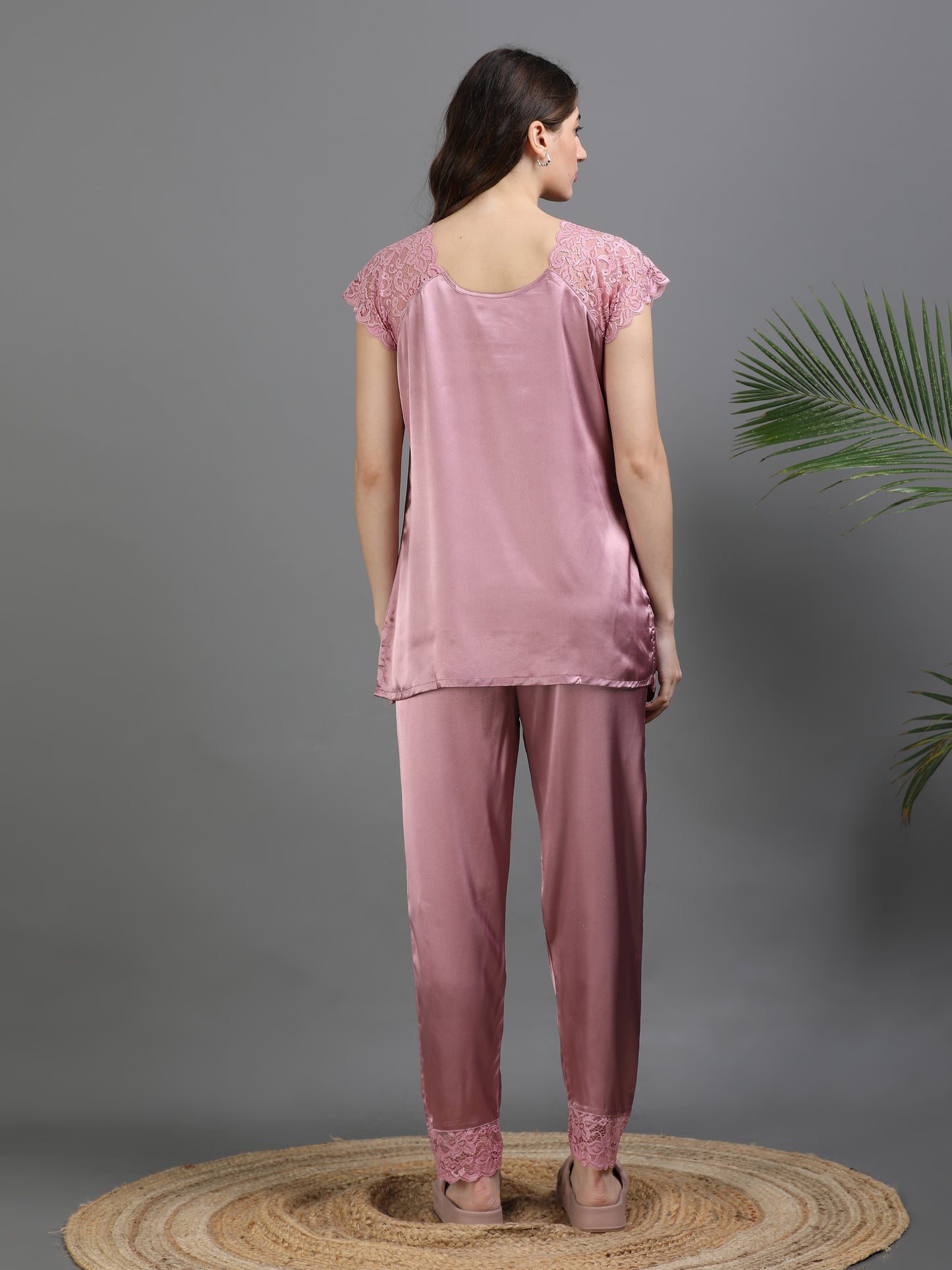 Rose Italian Satin Cord Set 2000 – Women's Short Sleeve Lace Top & Bottom