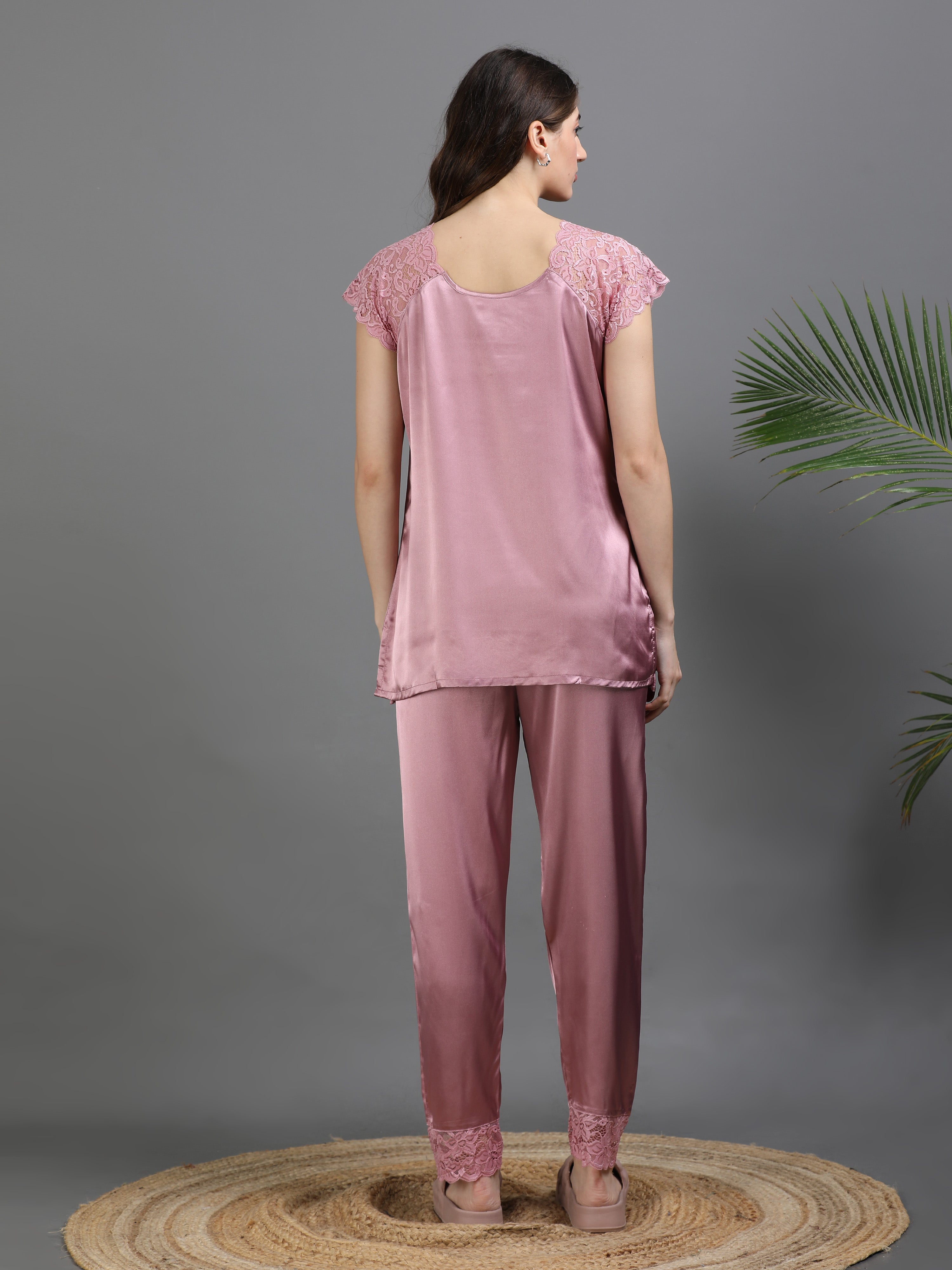 Rose Italian Satin Cord Set 2000 – Women's Short Sleeve Lace Top & Bottom