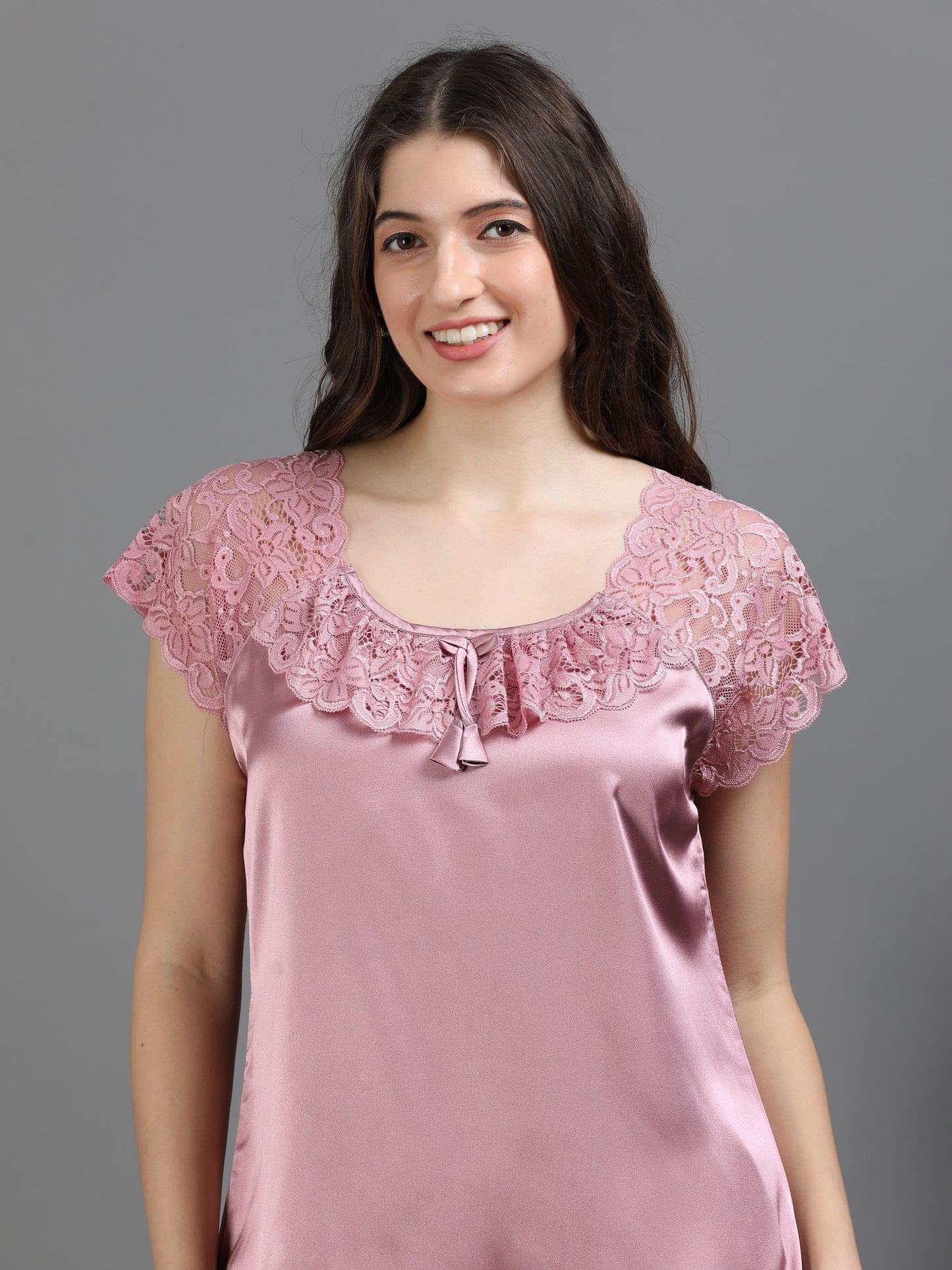 Rose Italian Satin Cord Set 2000 – Women's Short Sleeve Lace Top & Bottom