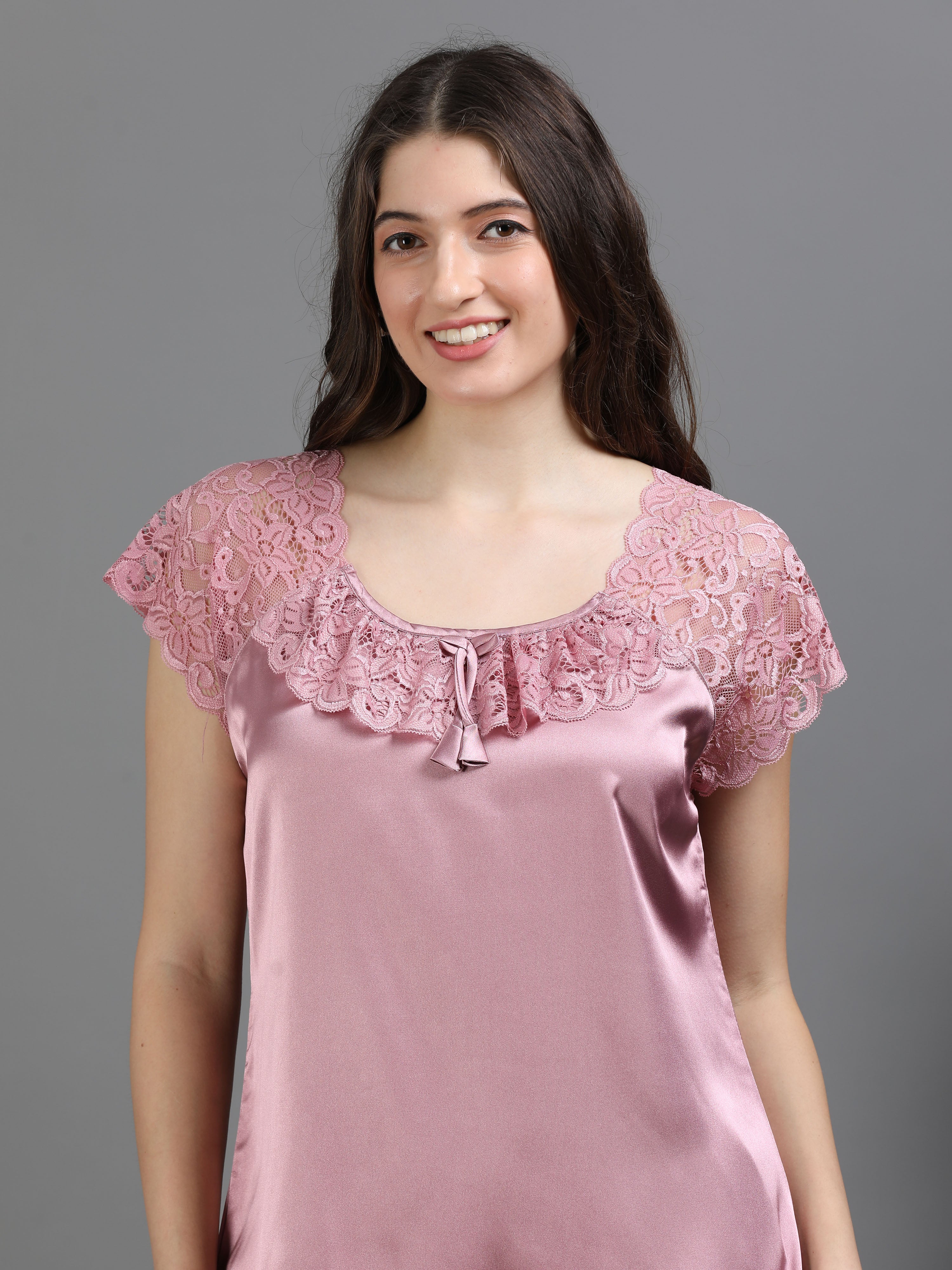Rose Italian Satin Cord Set 2000 – Women's Short Sleeve Lace Top & Bottom