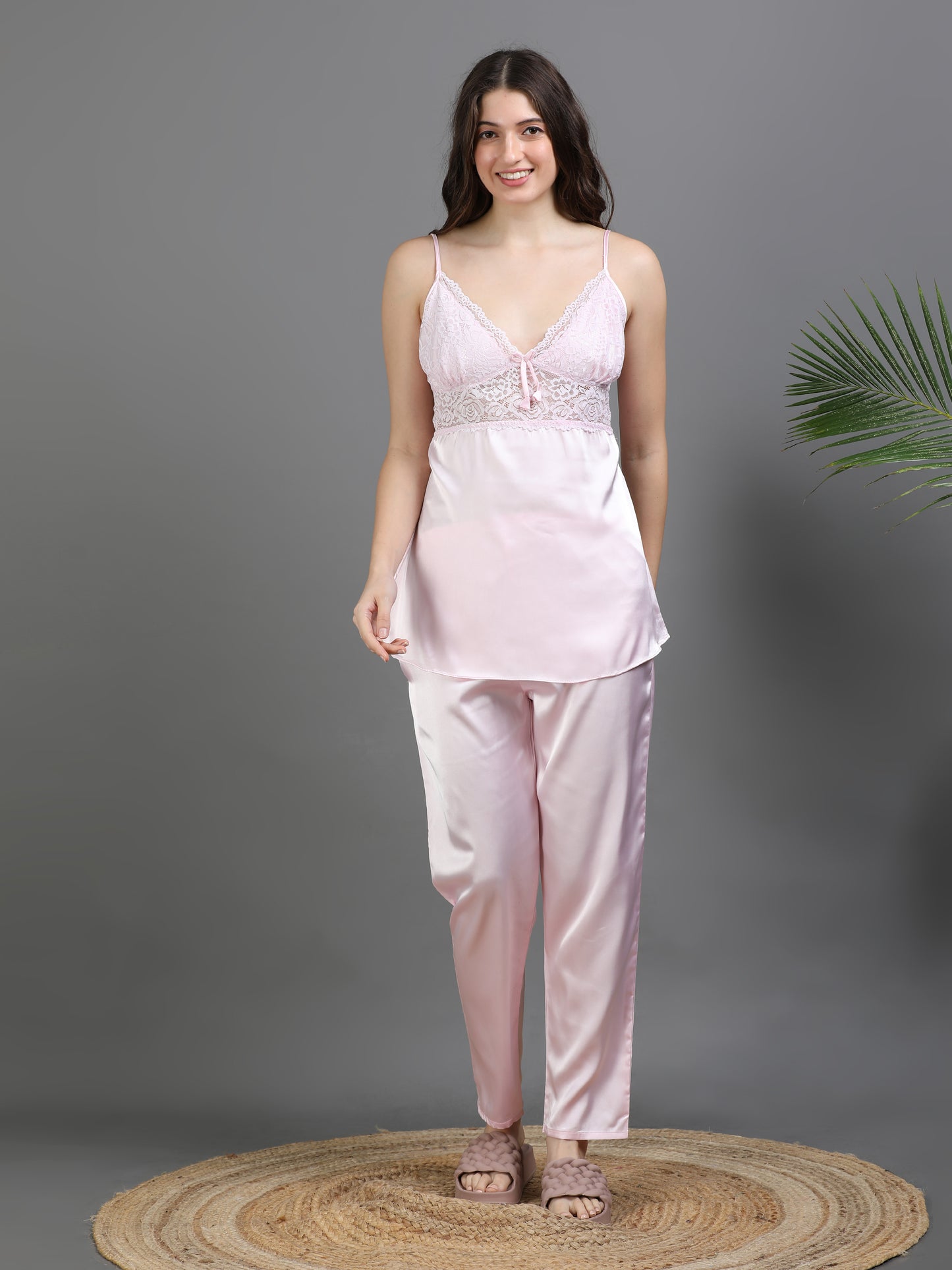 Pink Italian Satin Cord Set 2100 – Women's Lace Strap Top & Bottom