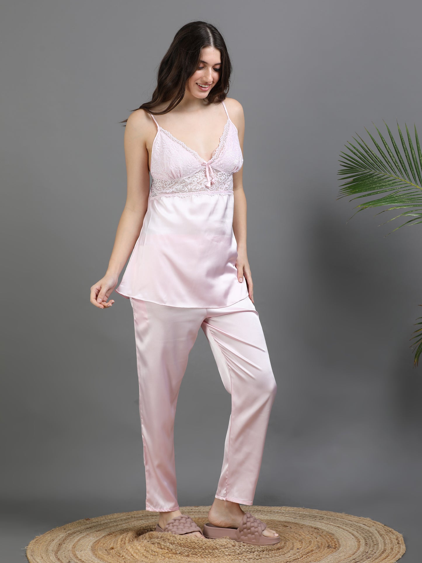 Pink Italian Satin Cord Set 2100 – Women's Lace Strap Top & Bottom