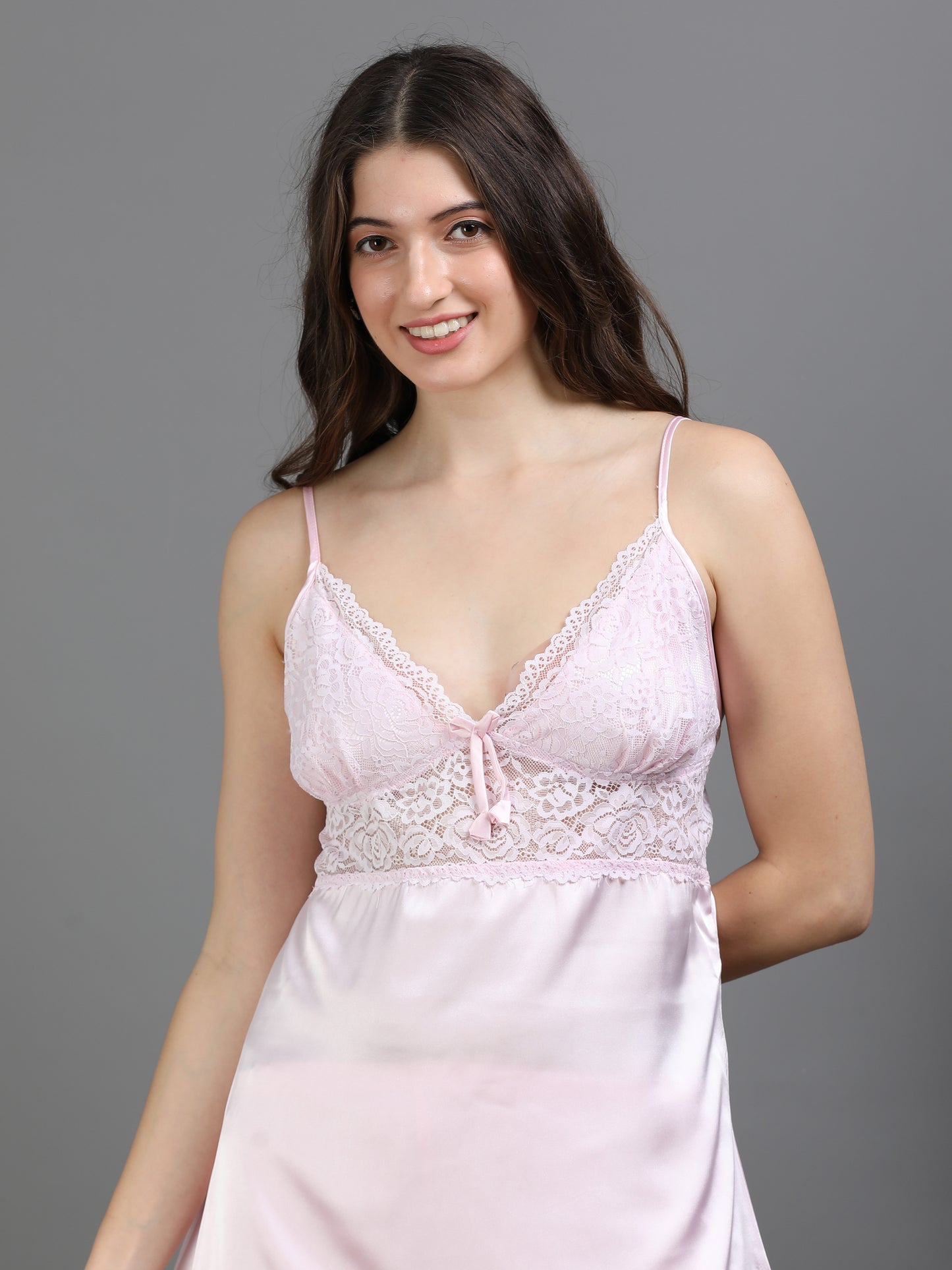 Pink Italian Satin Cord Set 2100 – Women's Lace Strap Top & Bottom