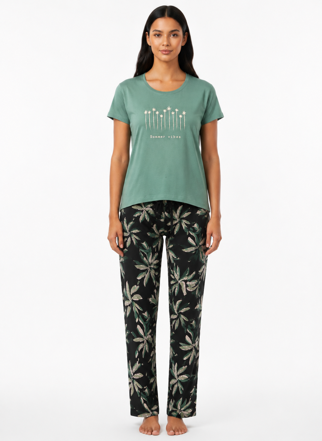 Cotton Top with Pyjama Night Suit - Green - SS3065B