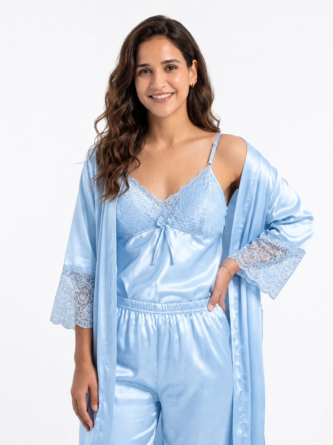 Satin 3-Piece Bridal Night Wear - Sky Blue - 1600B