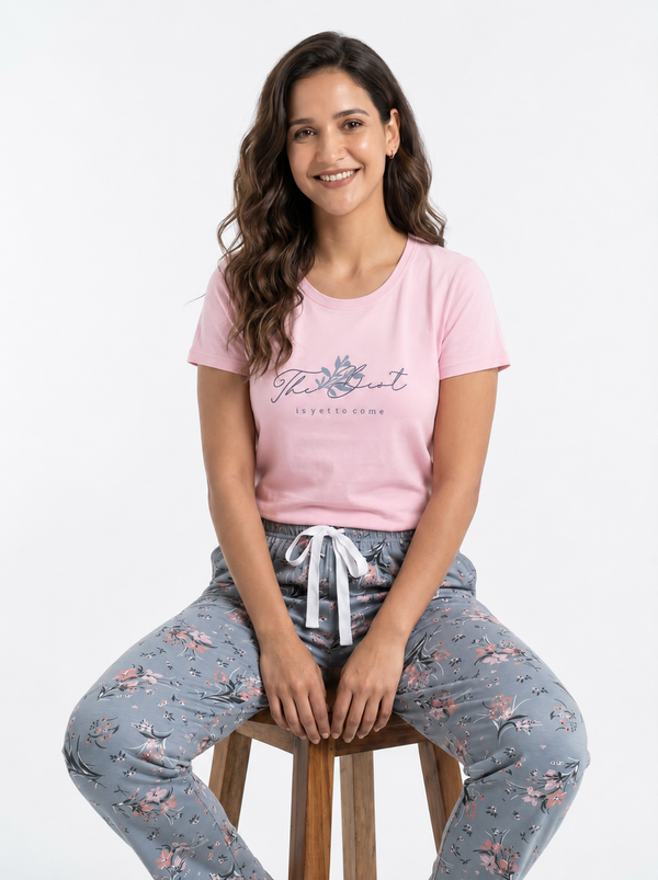 Cotton Top with Pyjama Night Suit - Pink - 5239B