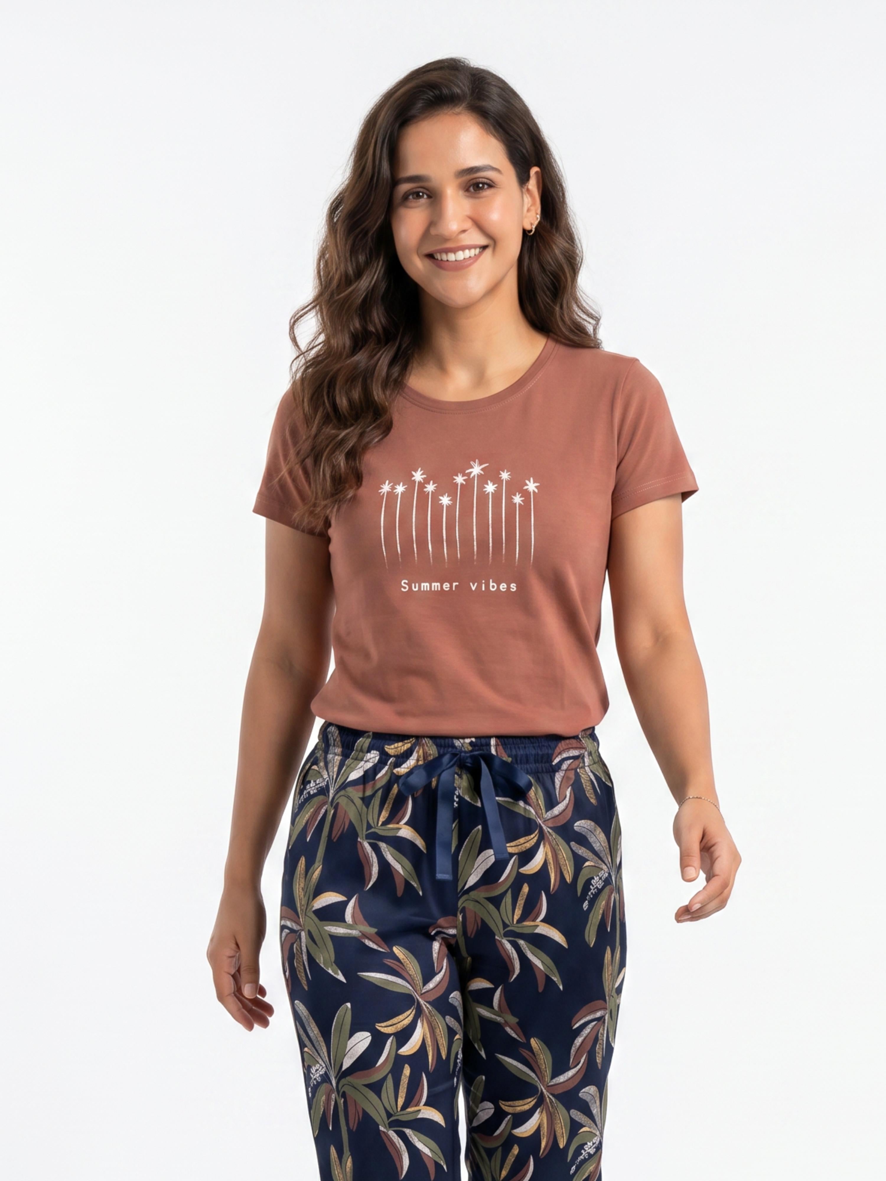 Cotton Top with Pyjama Night Suit - Brown - SS3065A