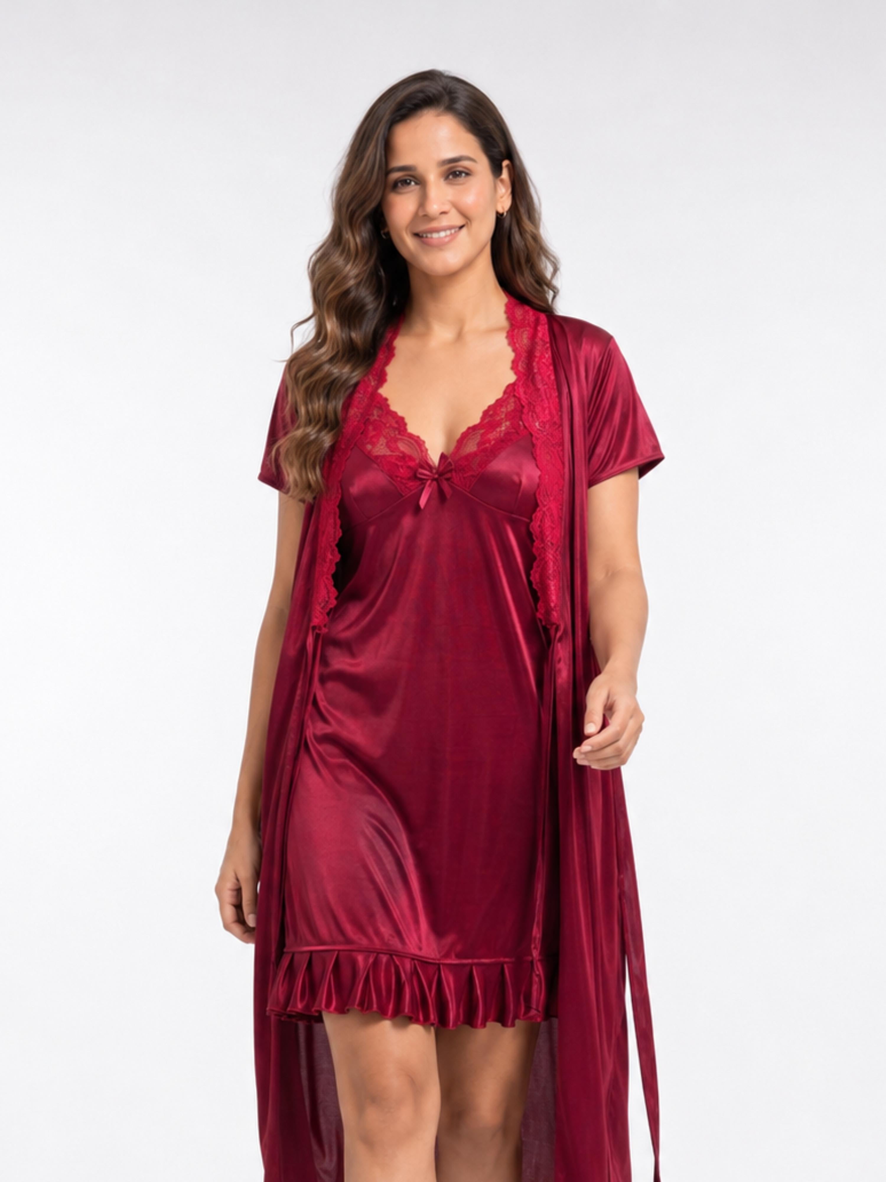 Satin Short Bridal Night Wear - Wine - 1700D
