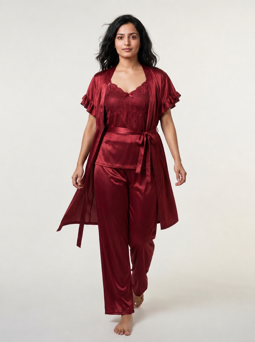 Satin 3-Piece Bridal Night Wear - Wine - 1200D