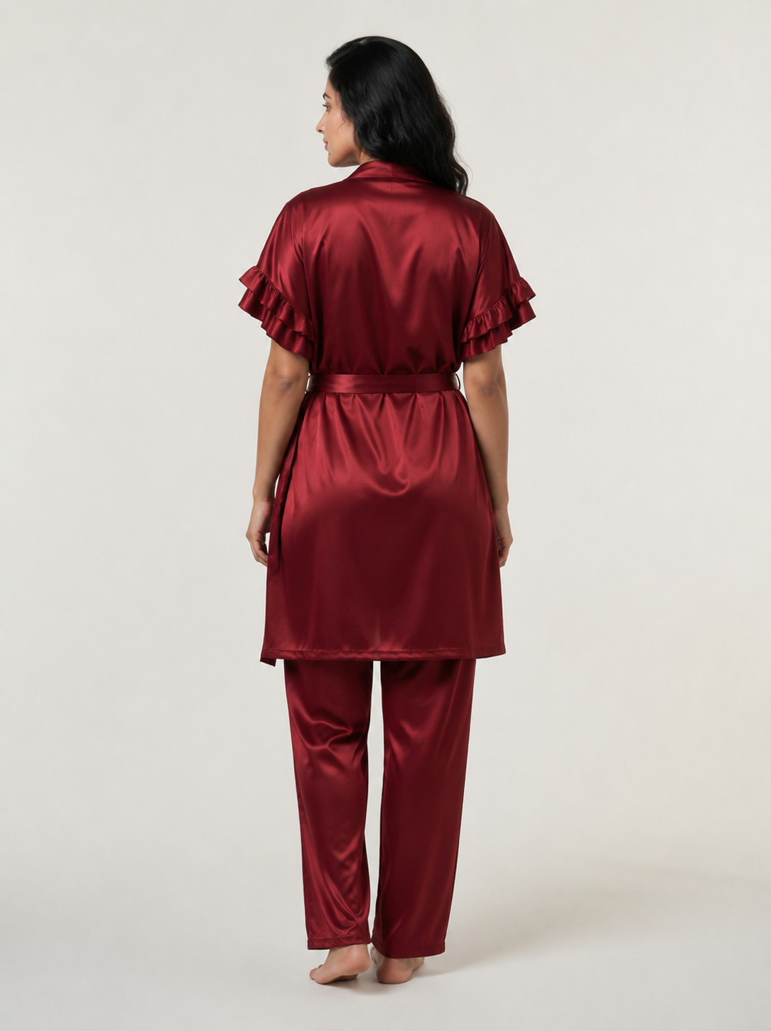 Satin 3-Piece Bridal Night Wear - Wine - 1200D