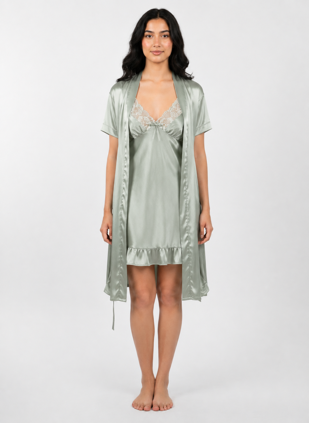 Satin Short Bridal Night Wear - Pistachio Green - 1700A