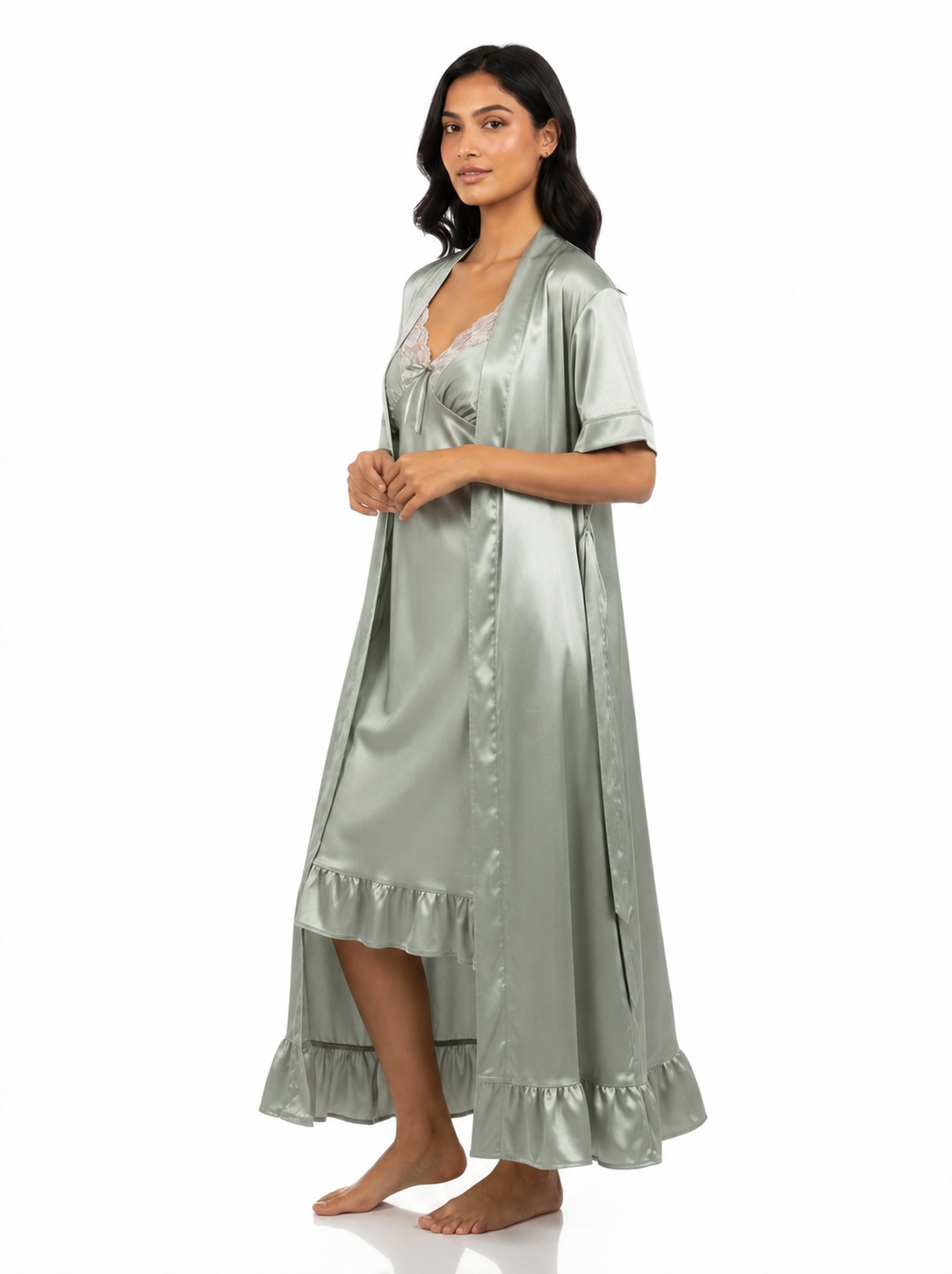 Satin Short Bridal Night Wear - Pistachio Green - 1700A