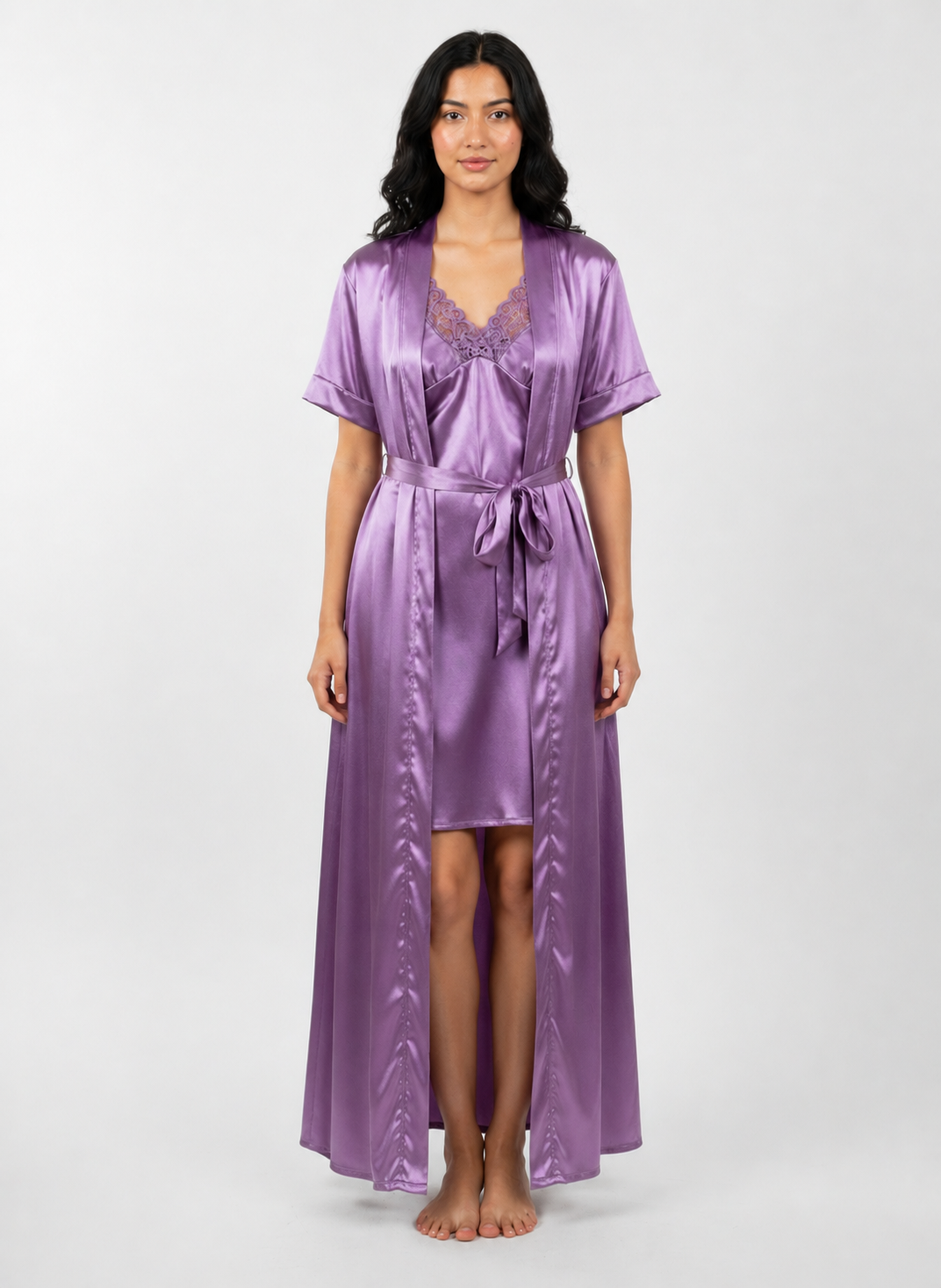 Satin Short Bridal Night Wear - Purple - 1700B
