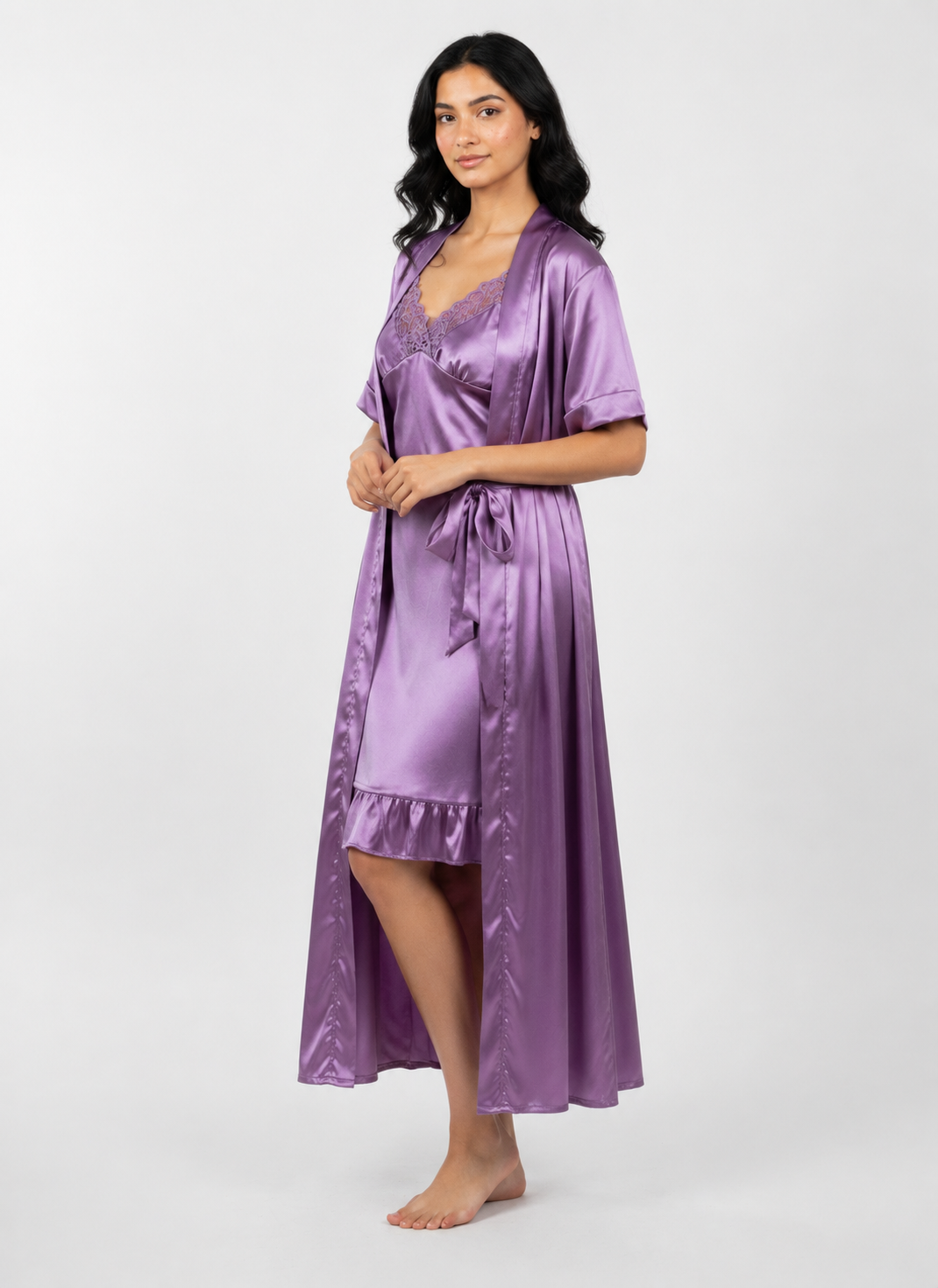 Satin Short Bridal Night Wear - Purple - 1700B