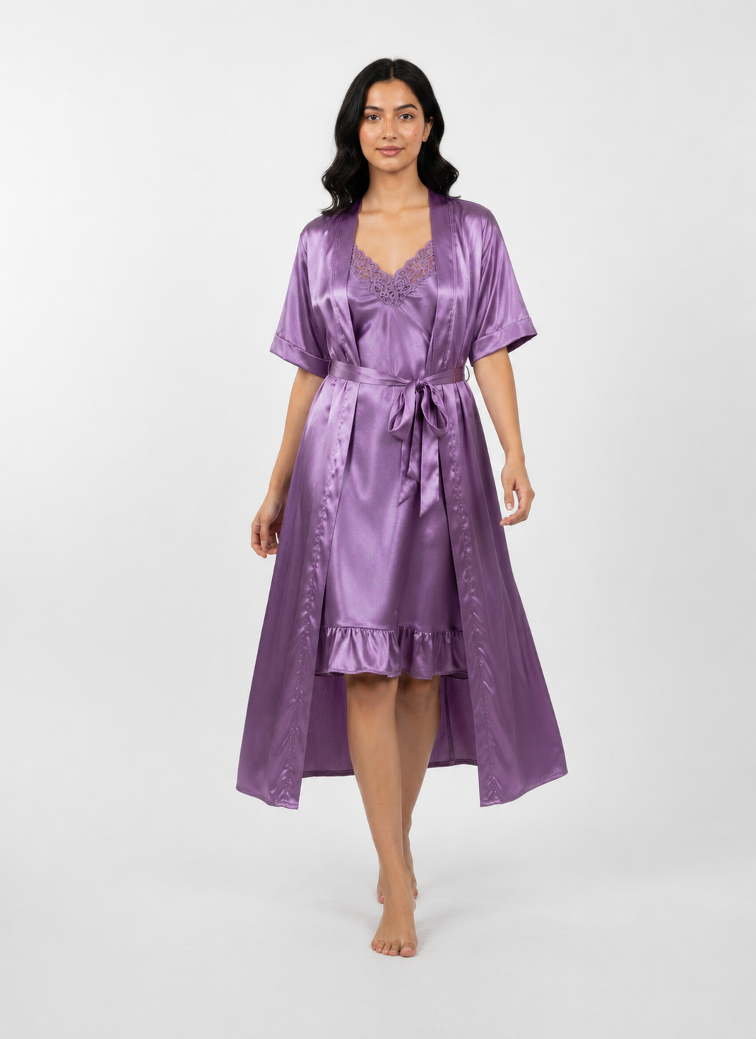 Satin Short Bridal Night Wear - Purple - 1700B
