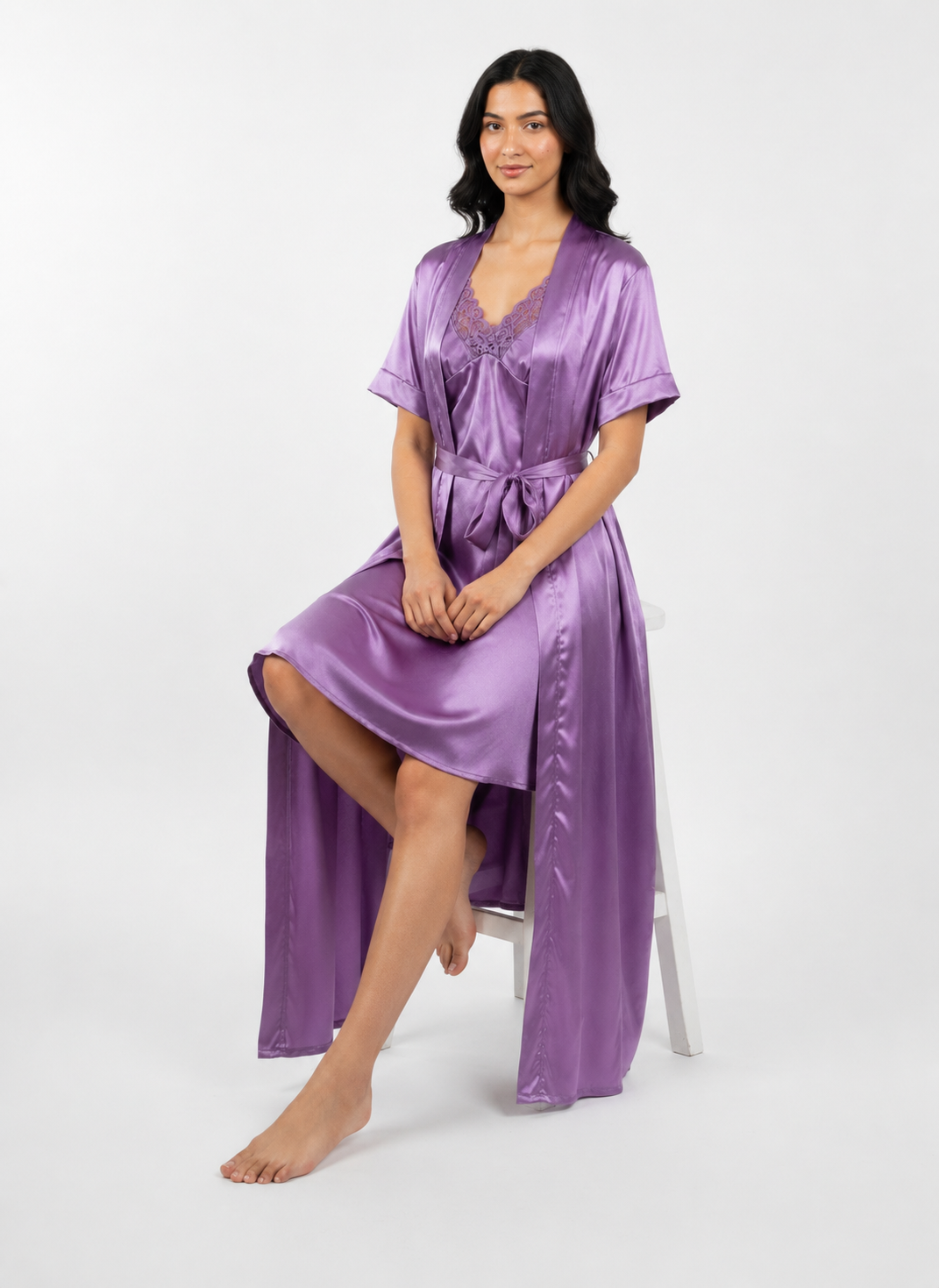 Satin Short Bridal Night Wear - Purple - 1700B
